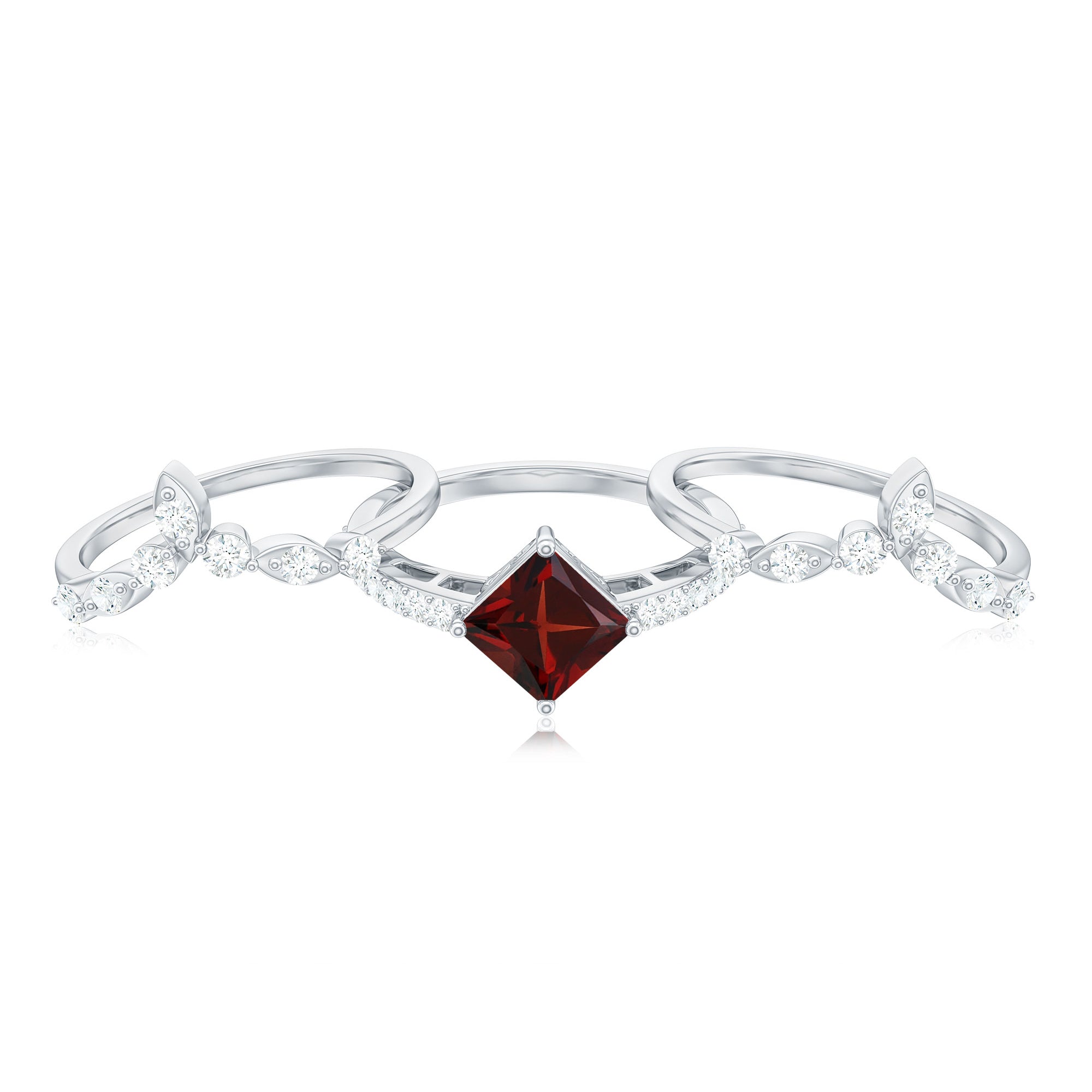 Rosec Jewels-Vintage Looking Princess Cut Garnet and Diamond 3 Piece Wedding Ring Set