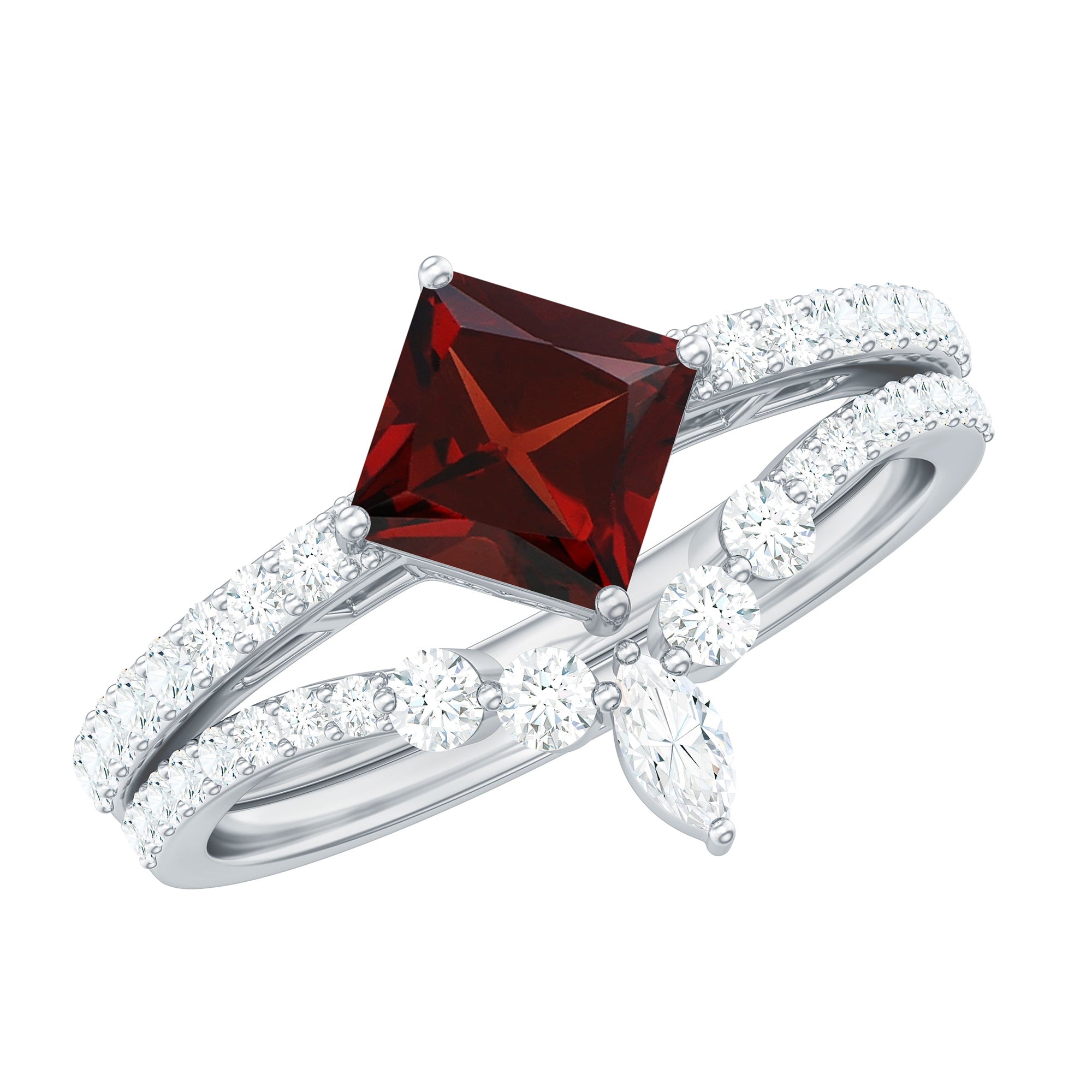 Natural Princess Cut Garnet Diamond Wedding Bridal Ring Set