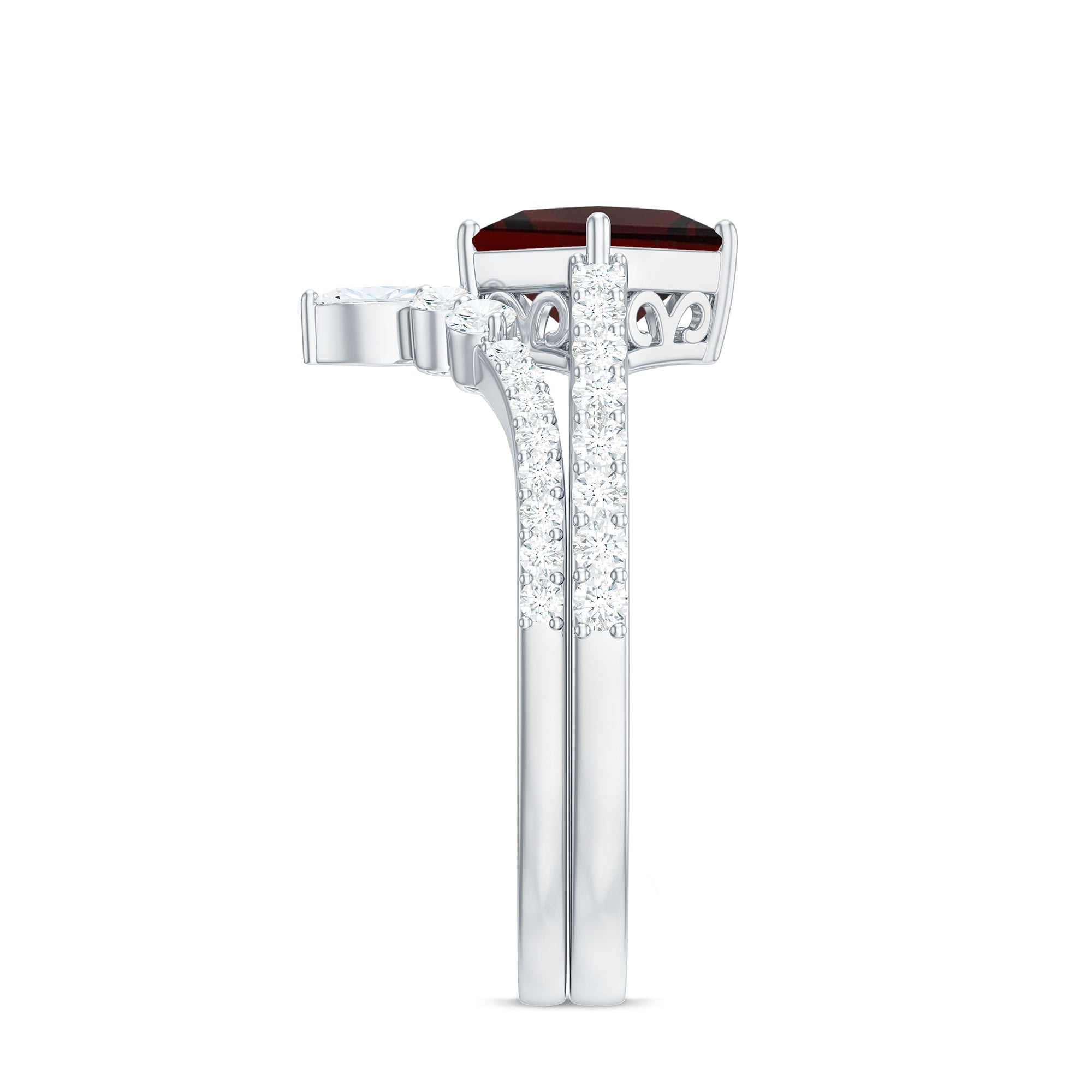 Rosec Jewels-Natural Princess Cut Garnet Diamond Wedding Bridal Ring Set