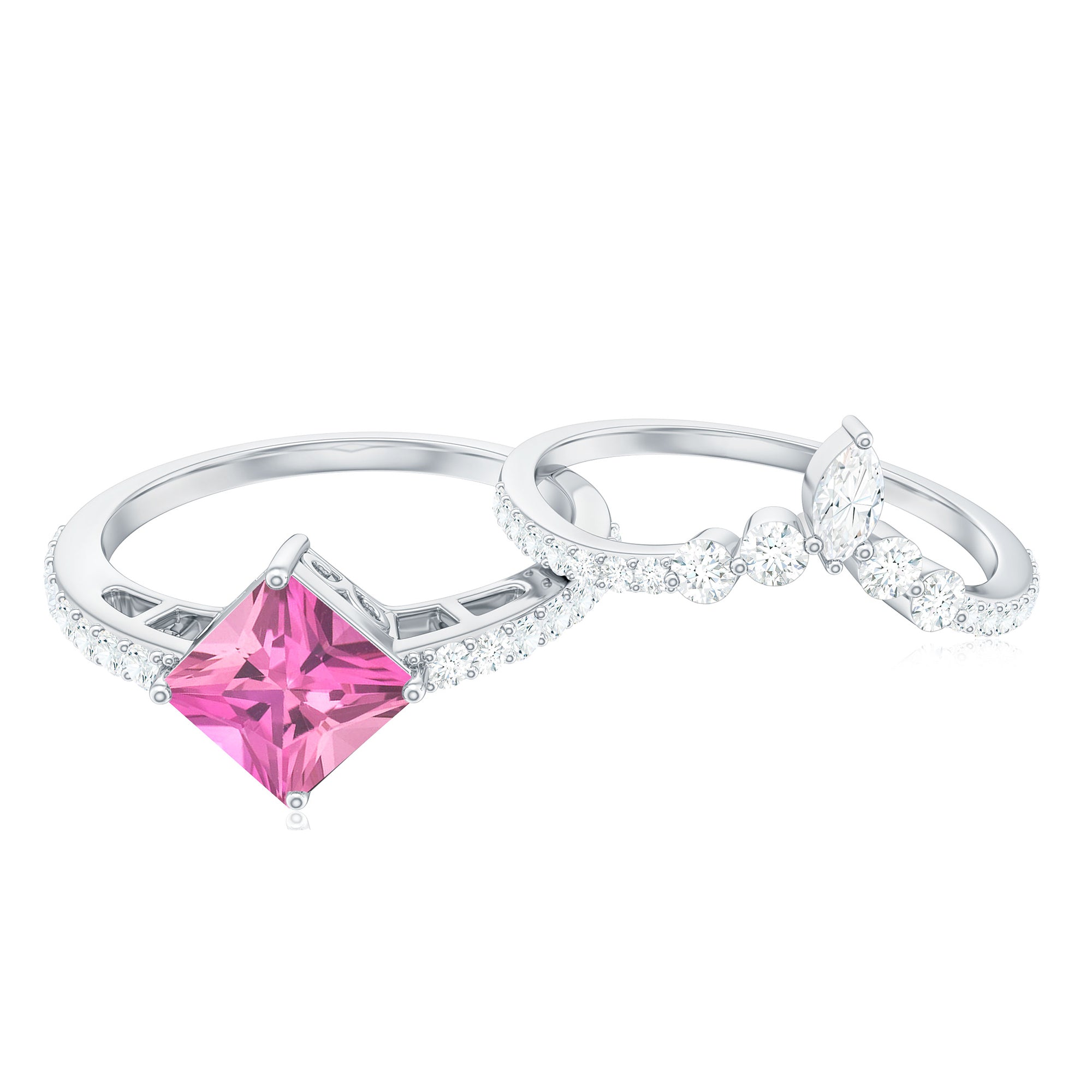 1 Carat Princess Cut Pink tourmaline and Diamond Wedding Ring Set for Women AAA - Rosec Jewels