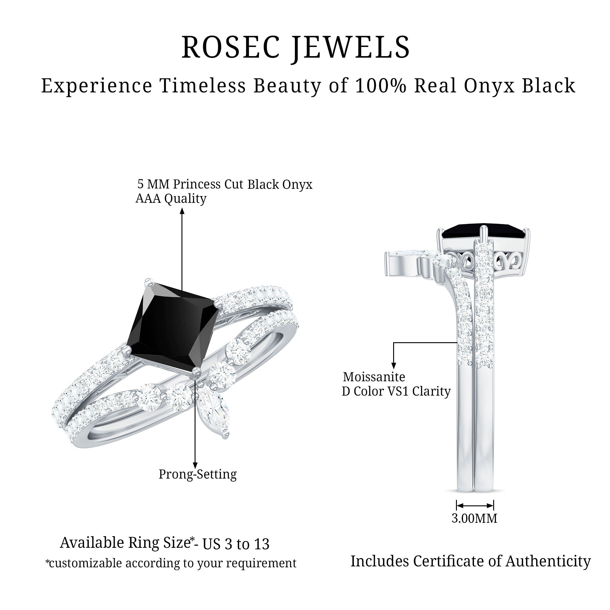 5mm Princess Cut Black Onyx Designer Wedding Rings Set with Moissanite AAA - Rosec Jewels