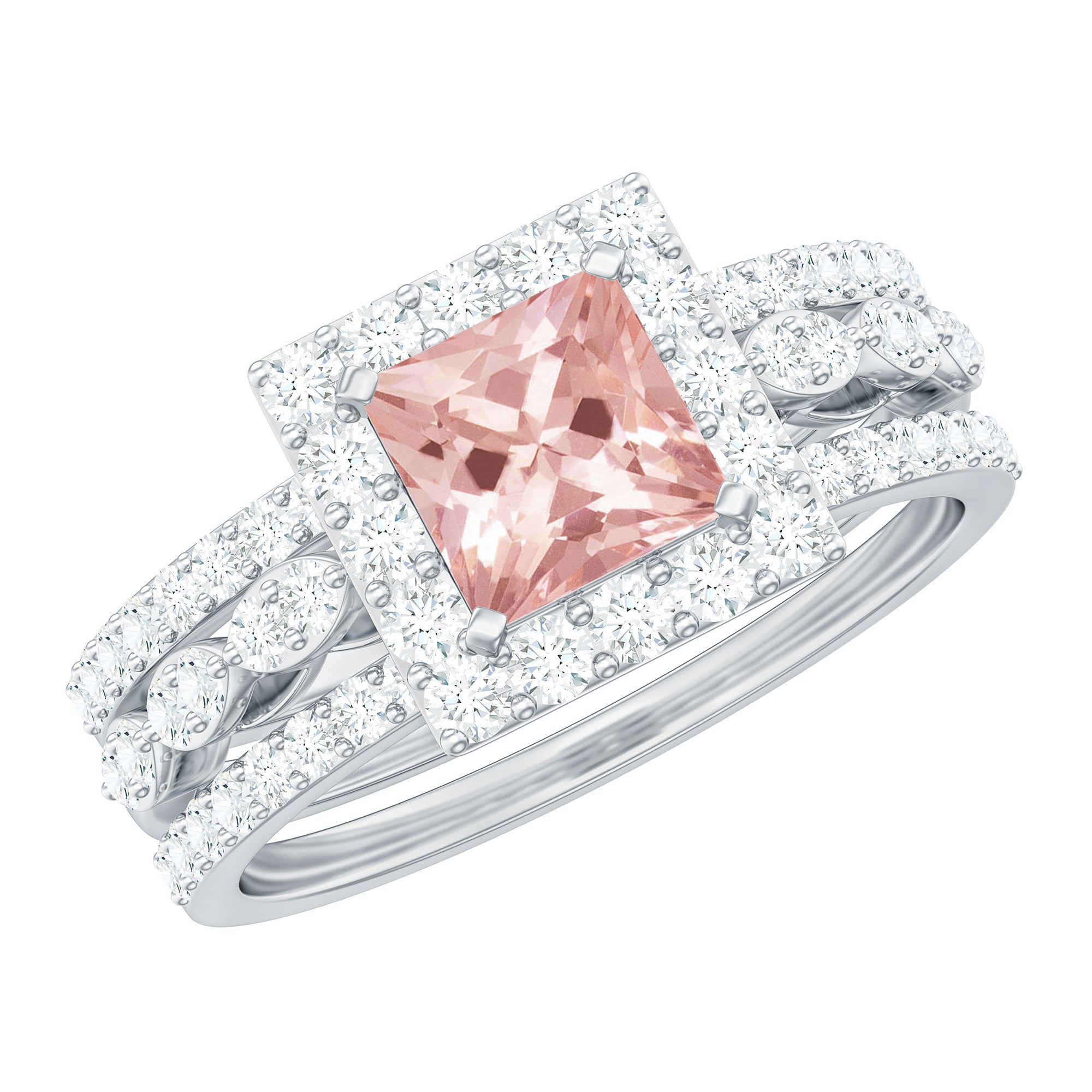 Princess Cut Morganite Bridal Ring Set with Moissanite Halo