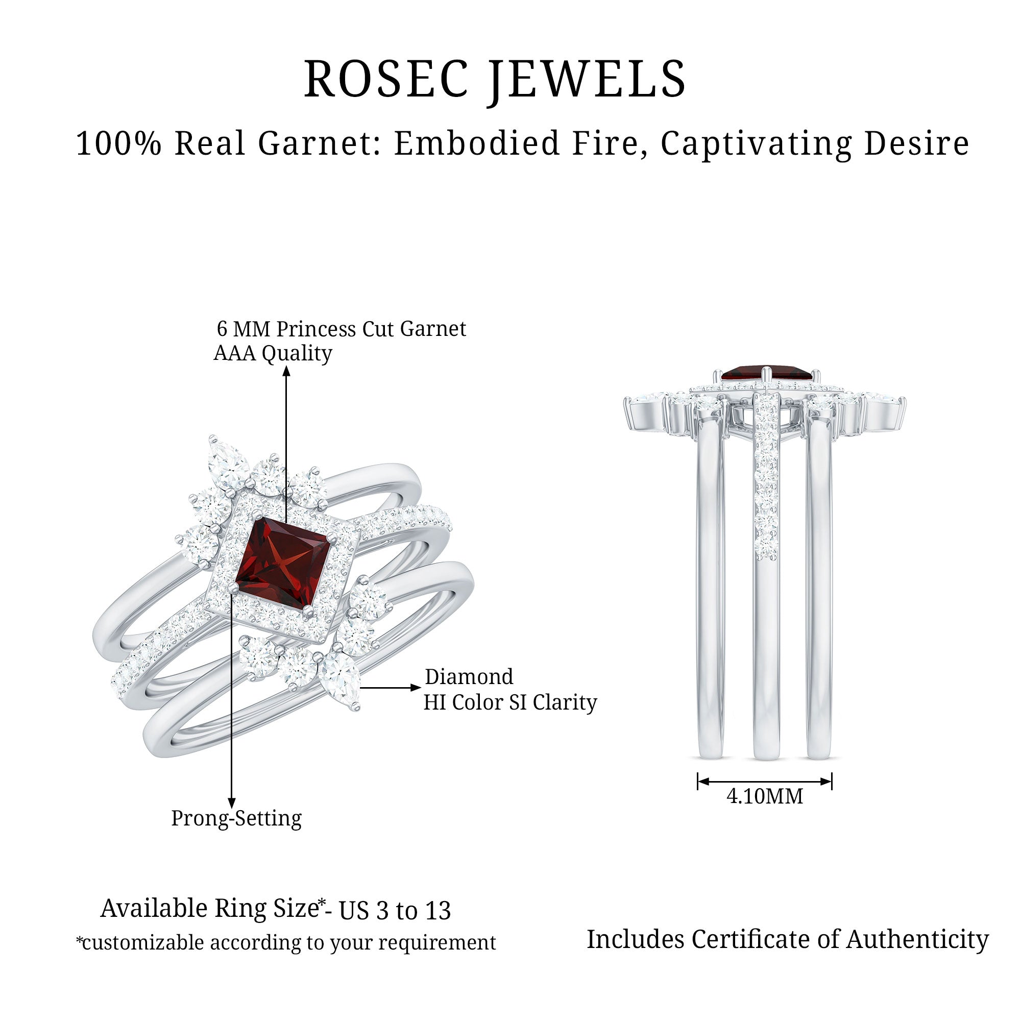 Rosec Jewels-Natural Garnet Diamond 3 Piece Bridal Ring Set