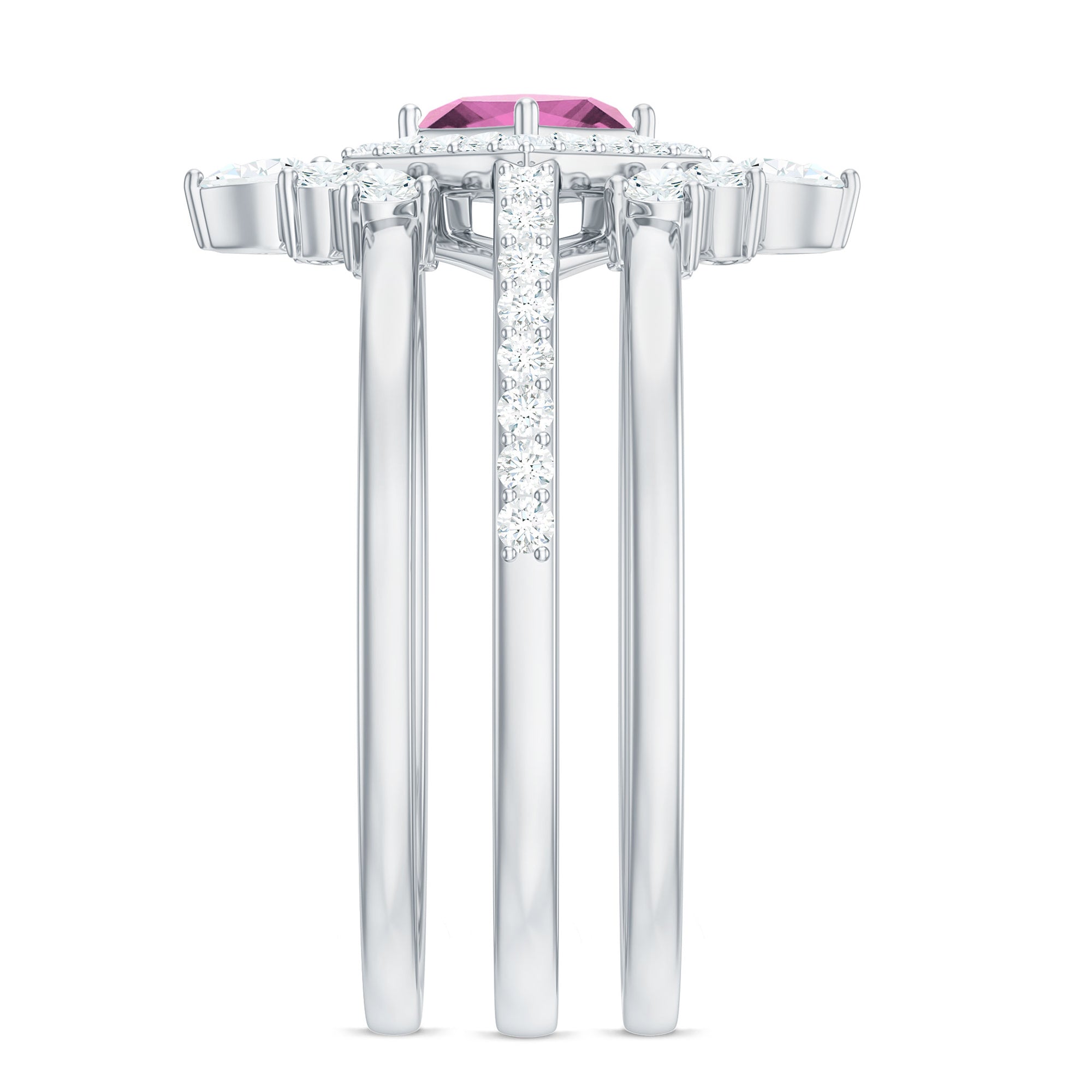 Rosec Jewels-Real Pink tourmaline and Moissanite Trio Wedding Ring Set