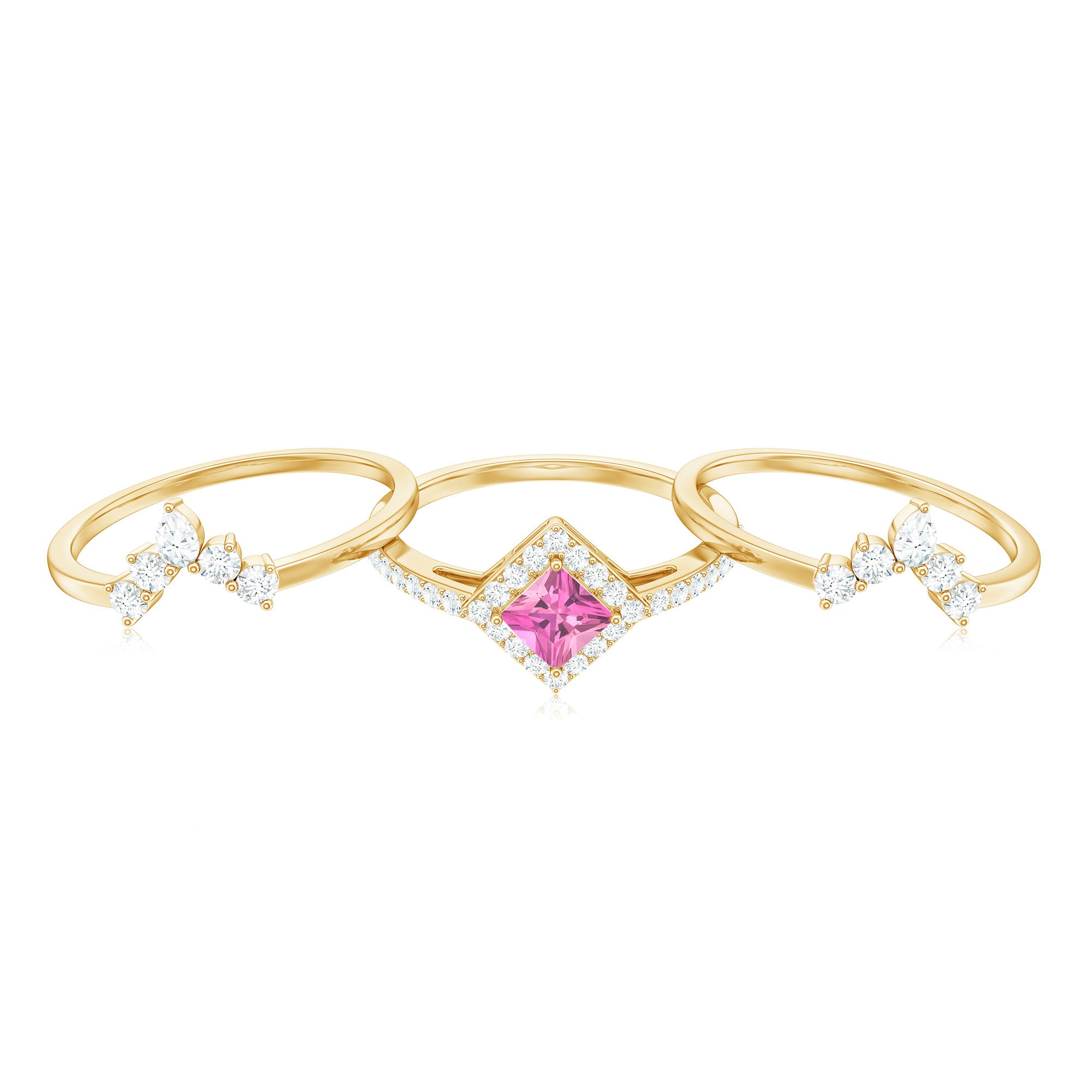 Rosec Jewels-Real Pink tourmaline and Moissanite Trio Wedding Ring Set