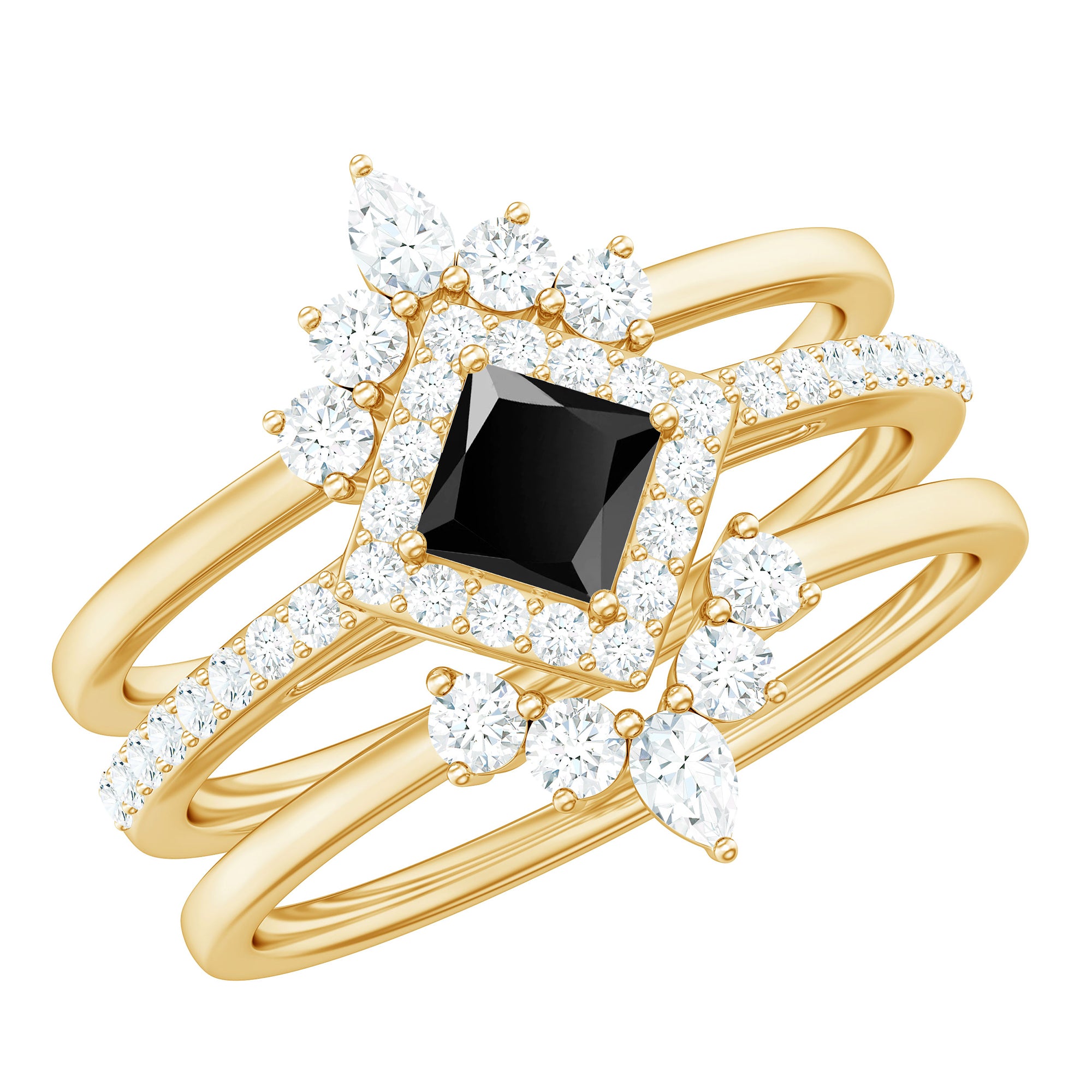 Certified 5mm Princess Cut Black Onyx Wedding Rings Set with Moissanite Band AAA - Rosec Jewels
