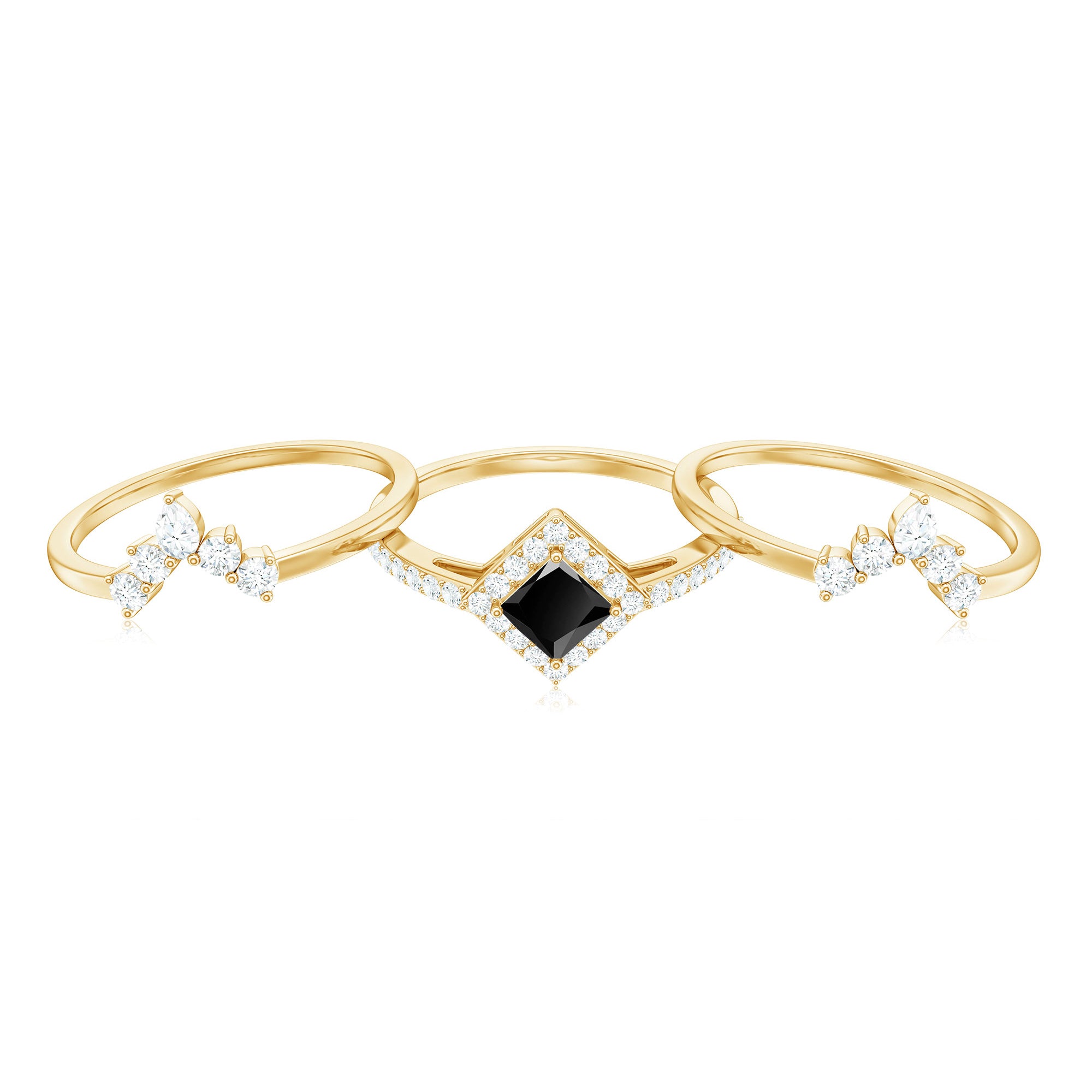 Certified 5mm Princess Cut Black Onyx Wedding Rings Set with Moissanite Band AAA - Rosec Jewels