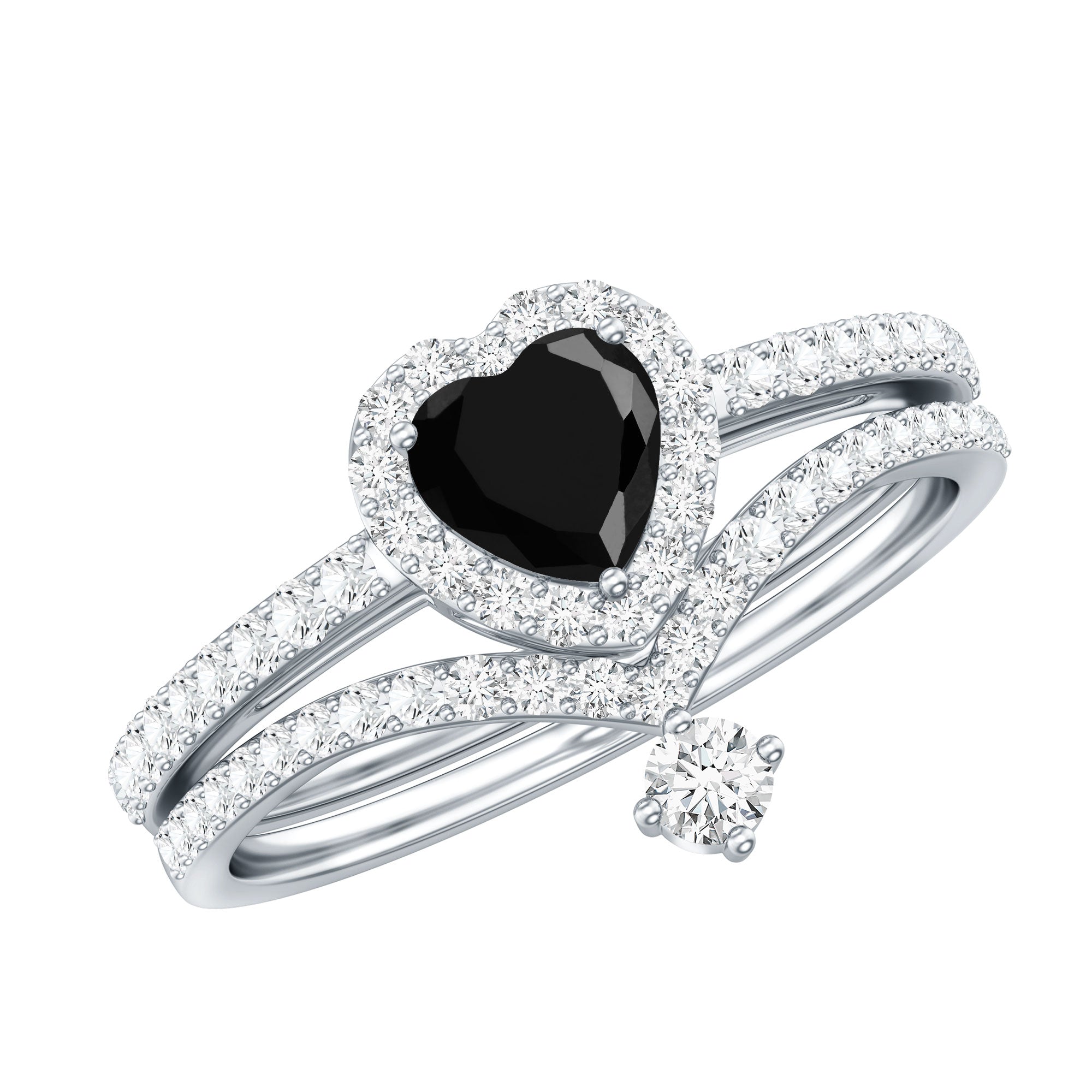 Created Black Diamond Heart Engagement Ring Set with Diamond AAAA ( Synthetic ) - Rosec Jewels