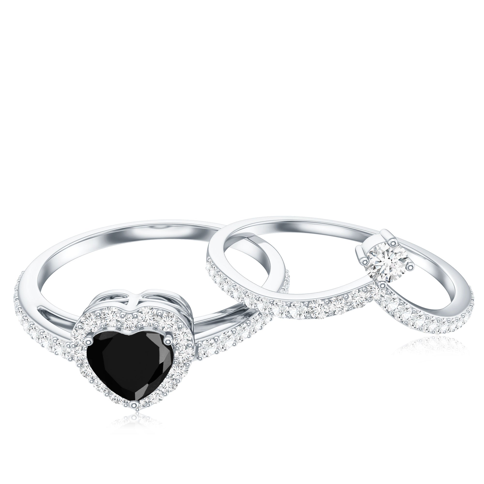Created Black Diamond Heart Engagement Ring Set with Diamond AAAA ( Synthetic ) - Rosec Jewels