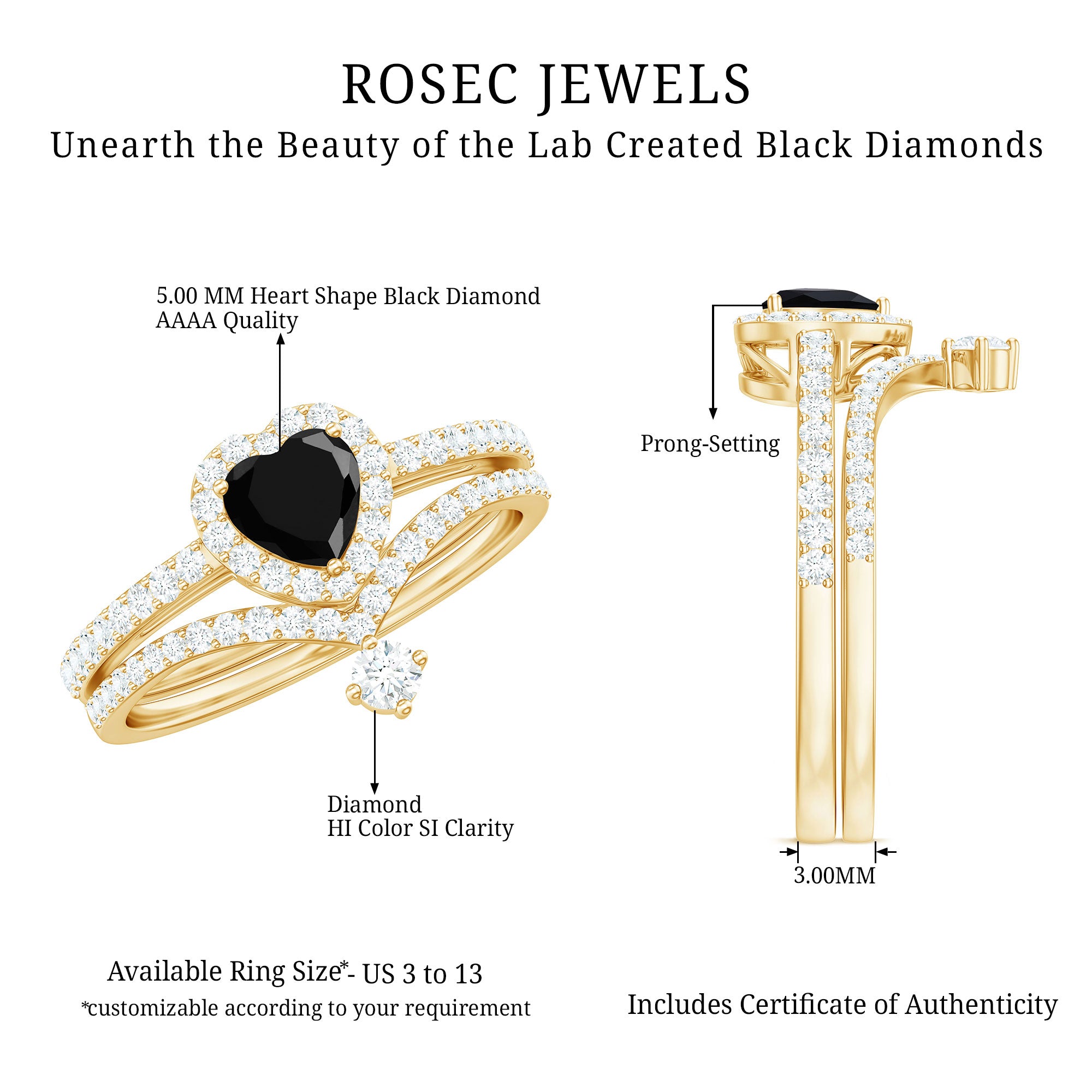 Created Black Diamond Heart Engagement Ring Set with Diamond AAAA ( Synthetic ) - Rosec Jewels