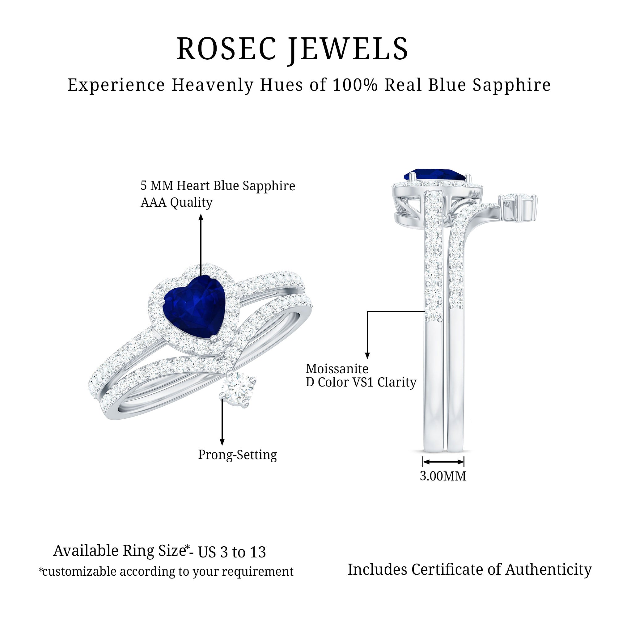 Rosec Jewels-Real Heart Shape Blue Sapphire and Diamond Halo Wedding Ring Set