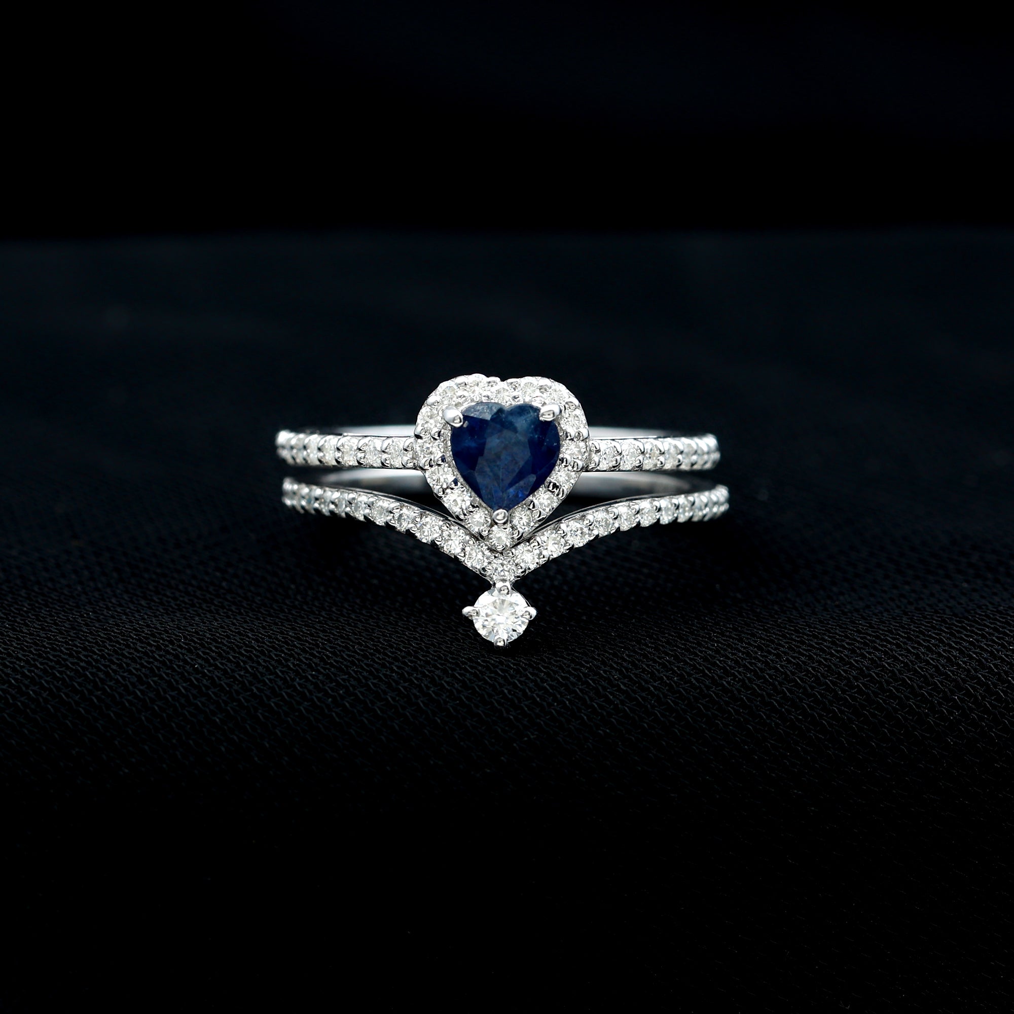 Rosec Jewels-Real Heart Shape Blue Sapphire and Diamond Halo Wedding Ring Set
