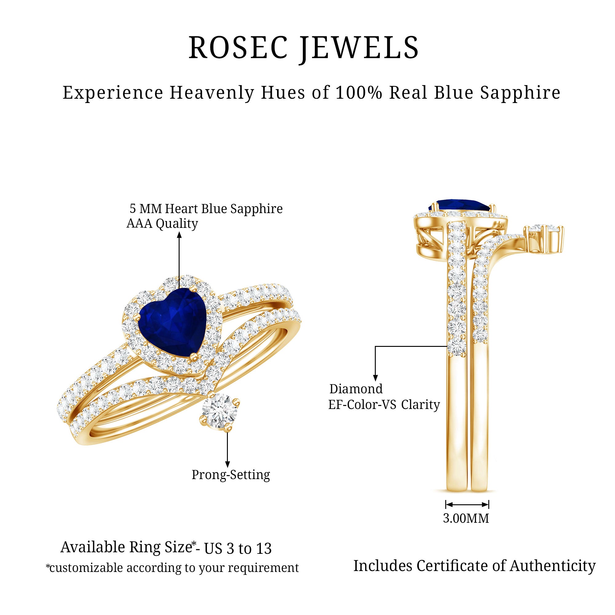 Real Heart Shape Blue Sapphire and Diamond Halo Wedding Ring Set AAA - Rosec Jewels