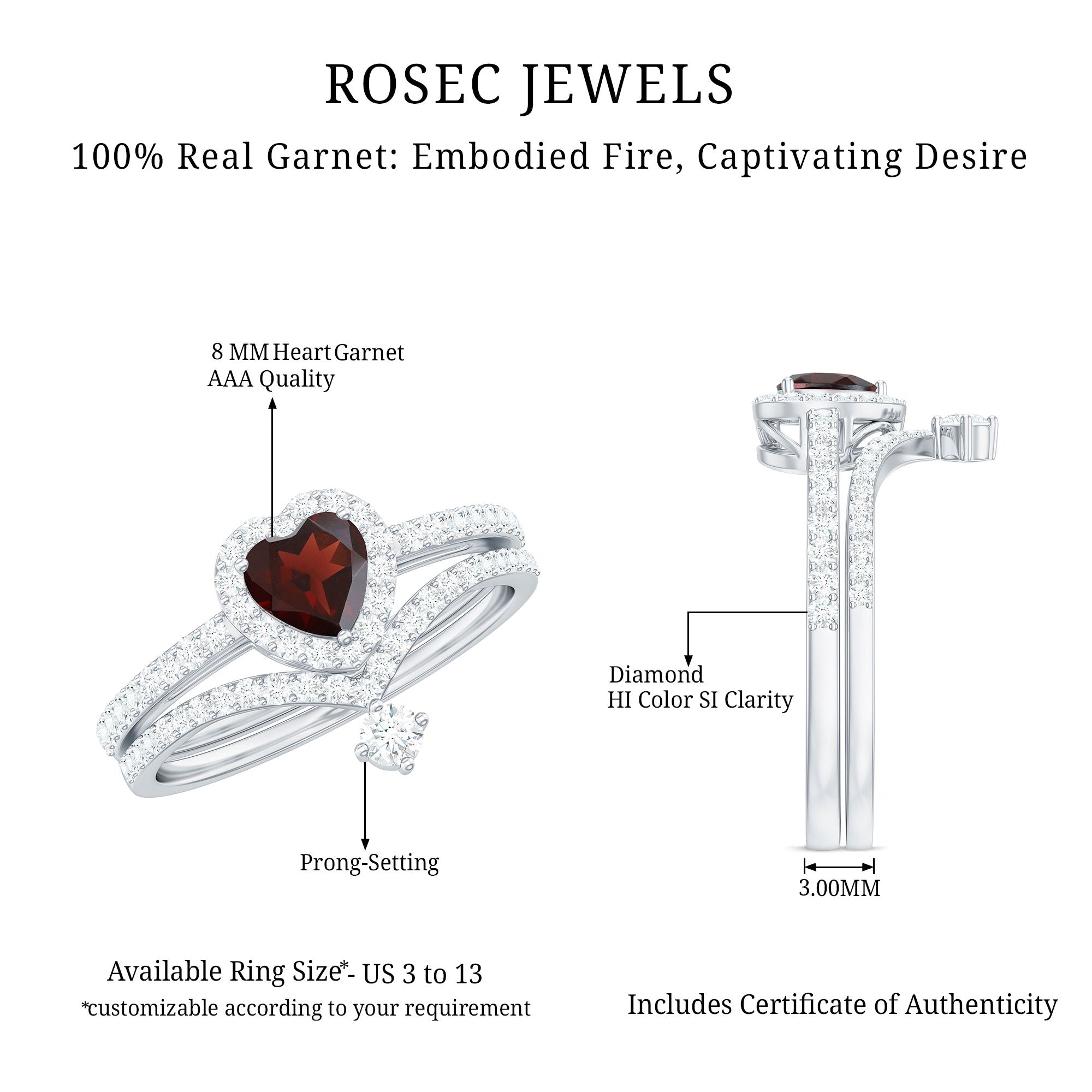 Rosec Jewels-Natural Garnet Diamond Heart Engagement Ring Wedding Band Set