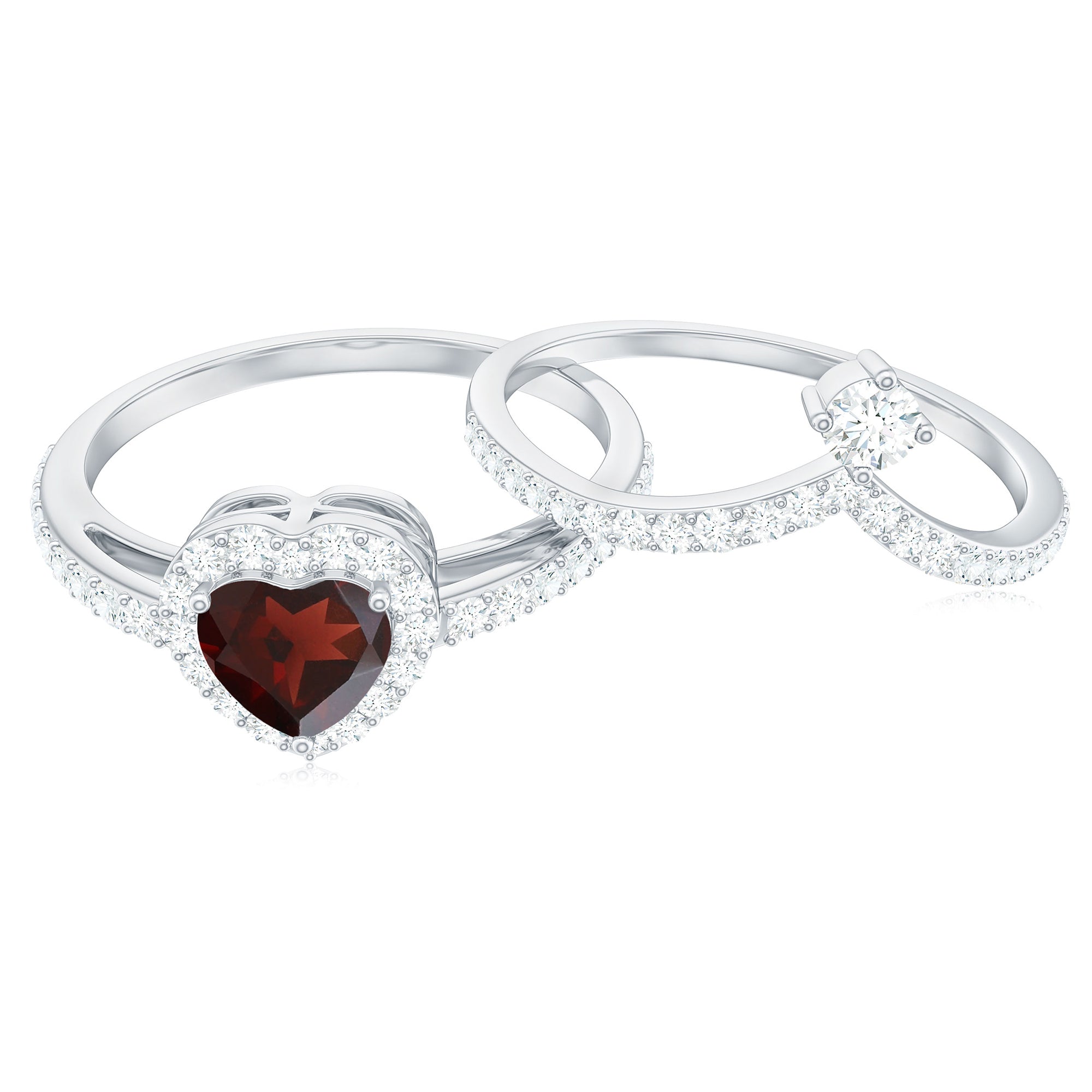 Rosec Jewels-Natural Garnet Diamond Heart Engagement Ring Wedding Band Set