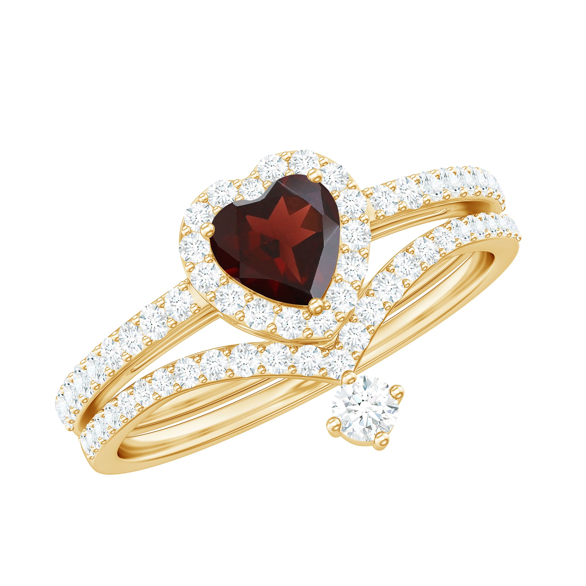 Rosec Jewels-Natural Garnet Diamond Heart Engagement Ring Wedding Band Set