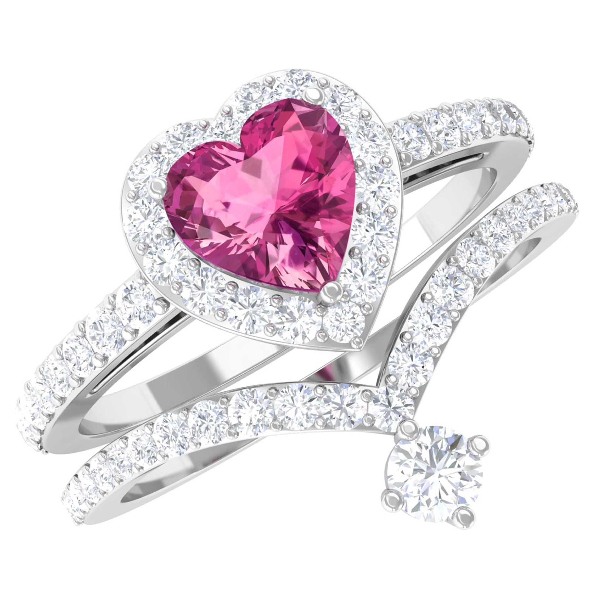 Genuine Pink Tourmaline Ring Set with Moissanite AAA - Rosec Jewels