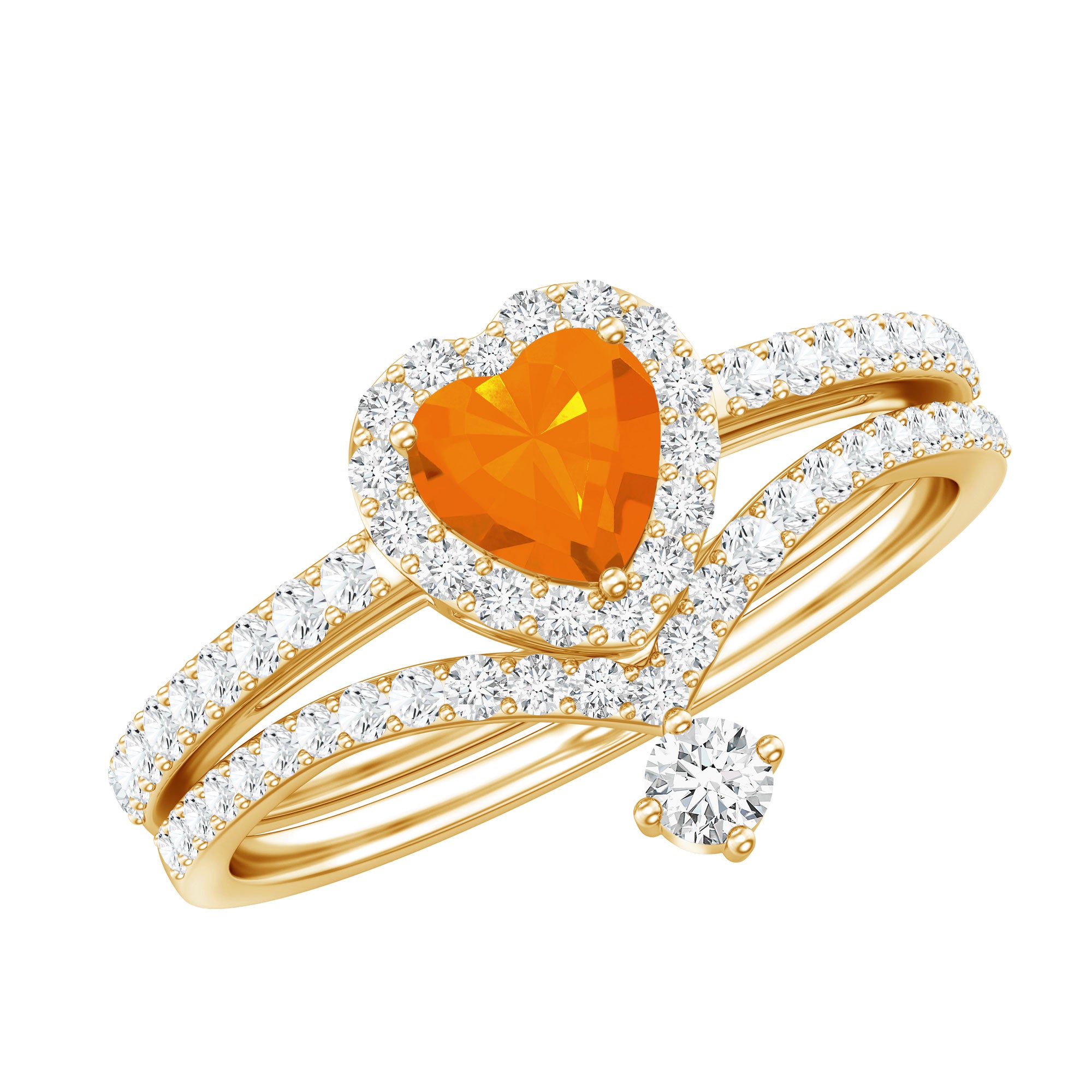 Heart Shape Fire Opal Ring Set with Moissanite AAA - Rosec Jewels
