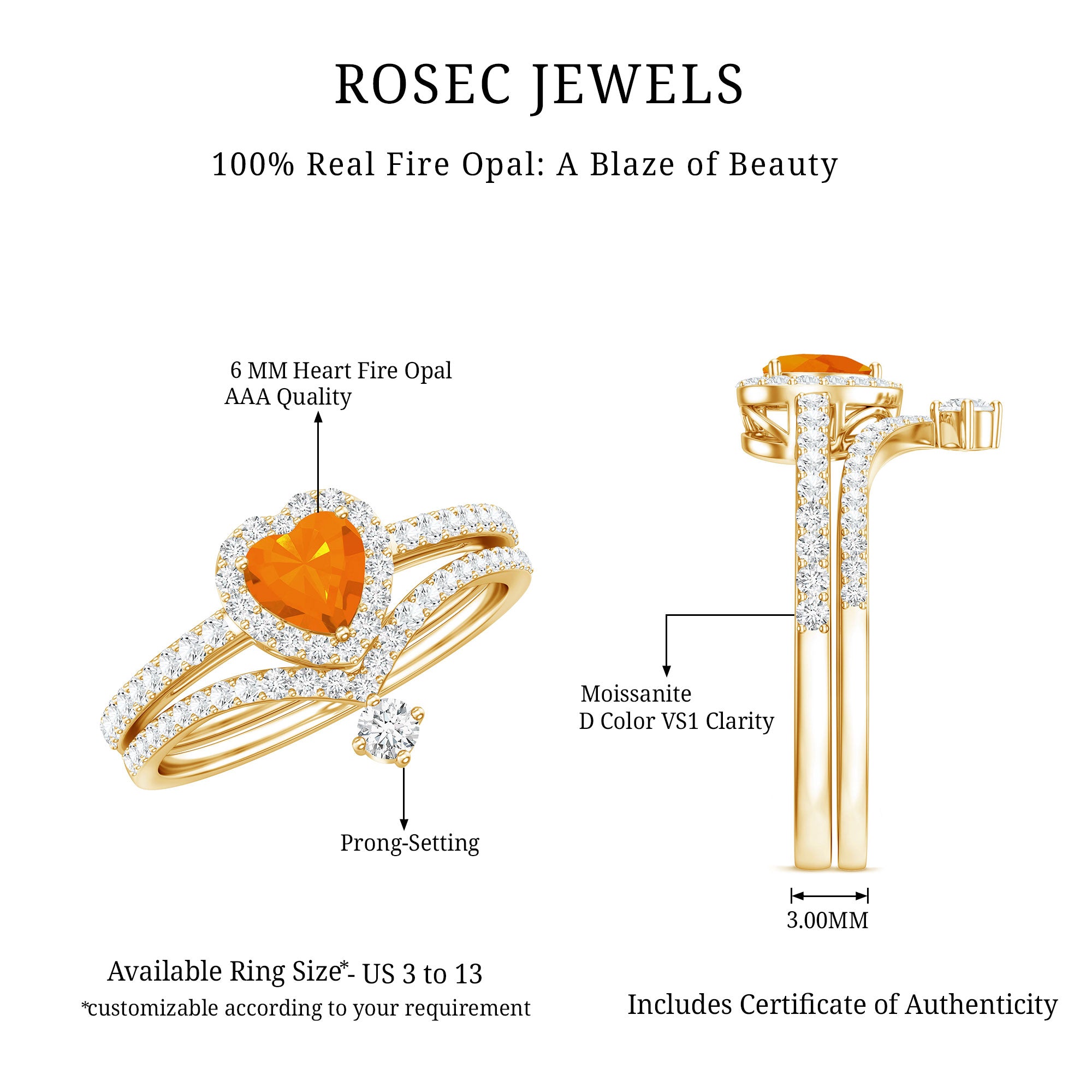 Heart Shape Fire Opal Ring Set with Moissanite AAA - Rosec Jewels