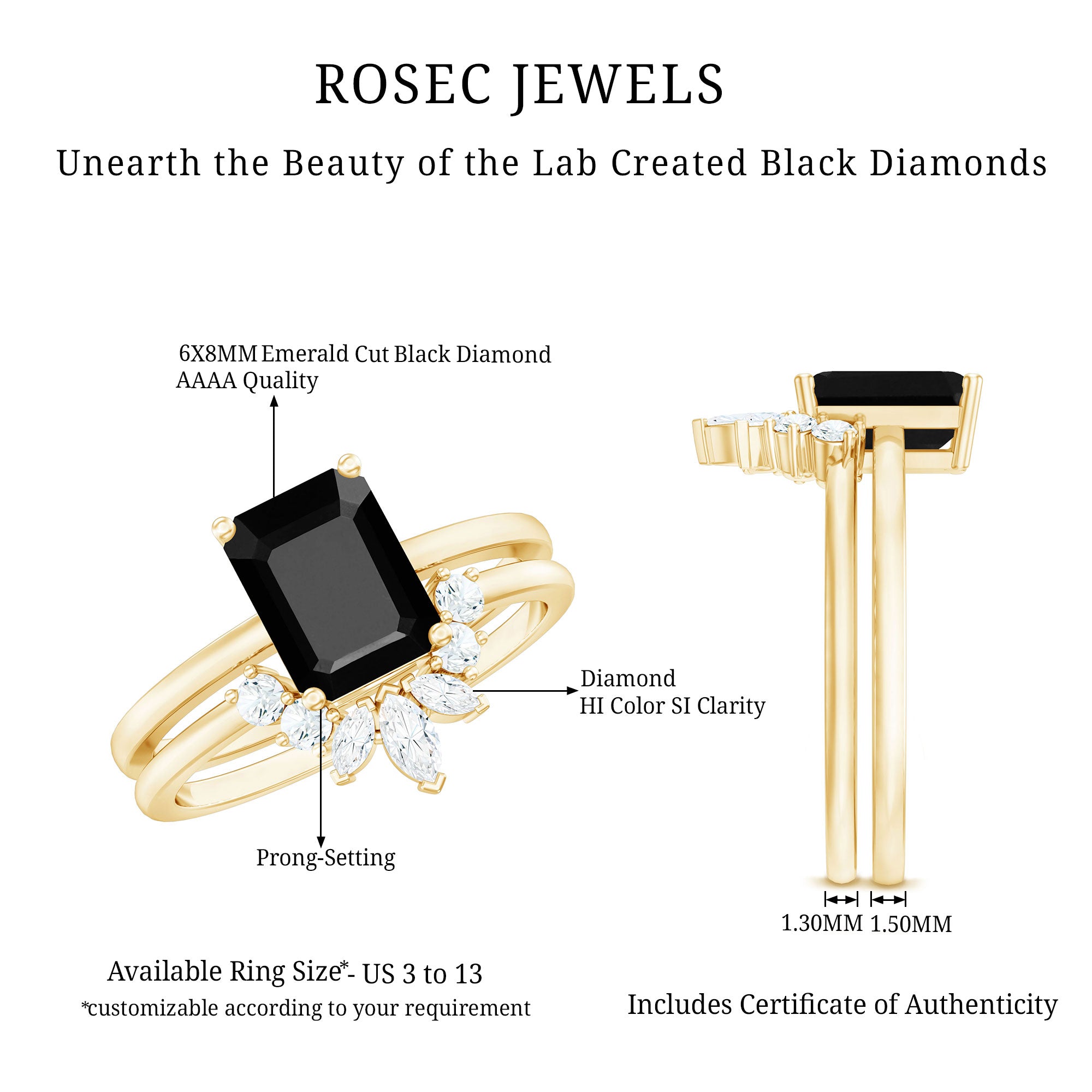 Rosec Jewels-Lab Created Black Diamond Solitaire Wedding Ring Set with Diamond