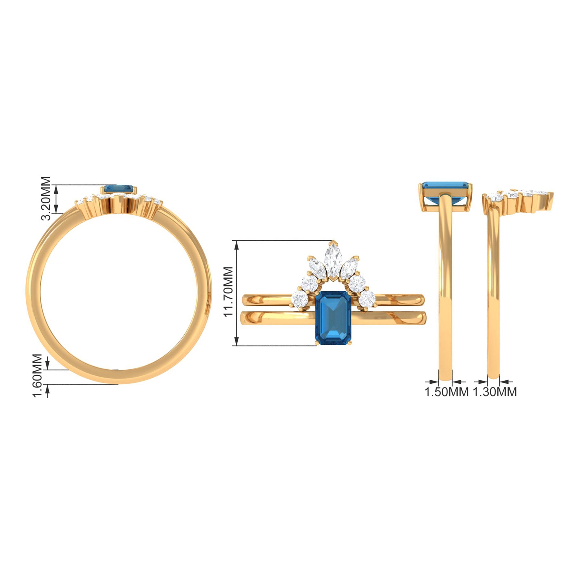 4X6mm Emerald Cut London Blue Topaz Solitaire Ring Set with Diamond AAA - Rosec Jewels