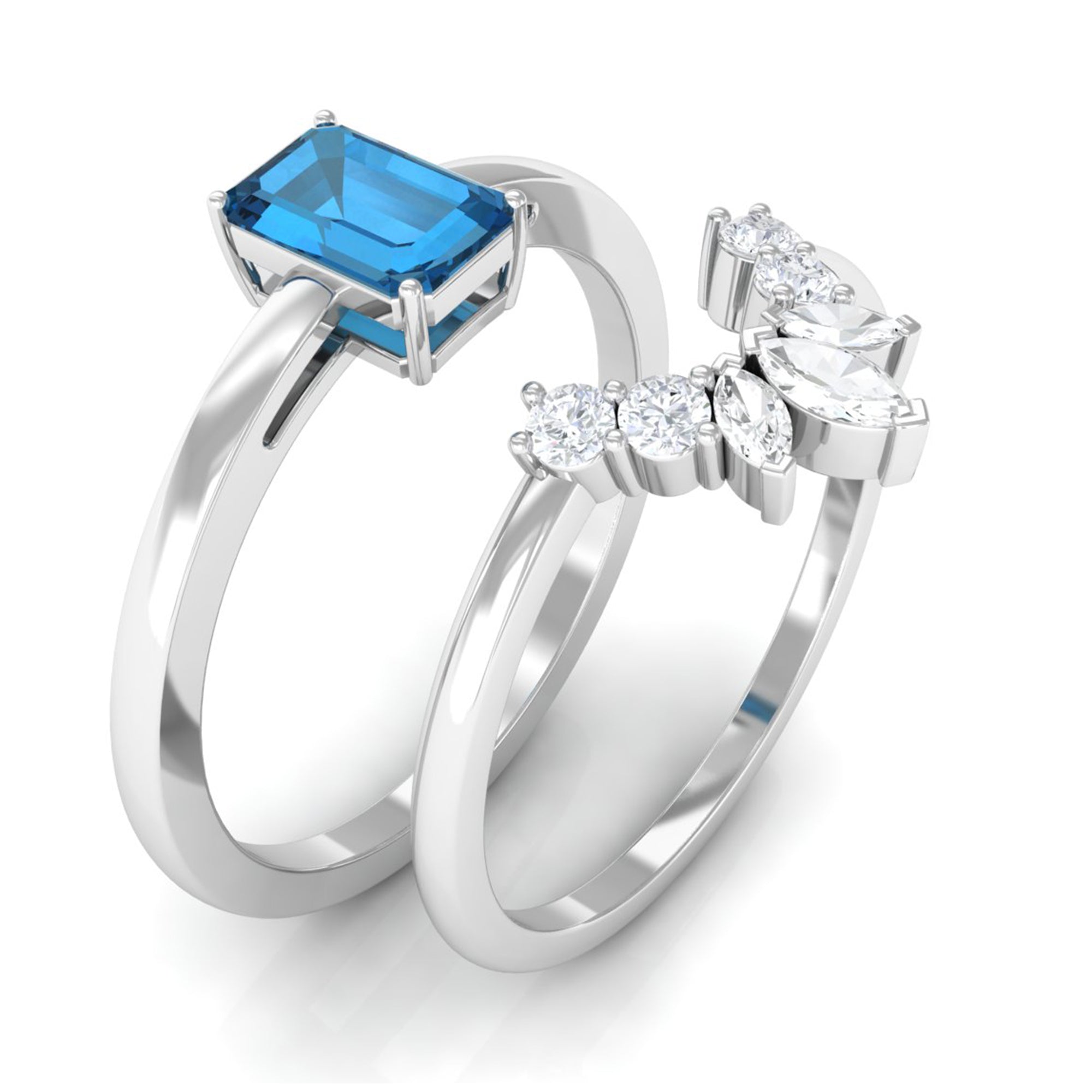 4X6mm Emerald Cut London Blue Topaz Solitaire Ring Set with Diamond AAA - Rosec Jewels