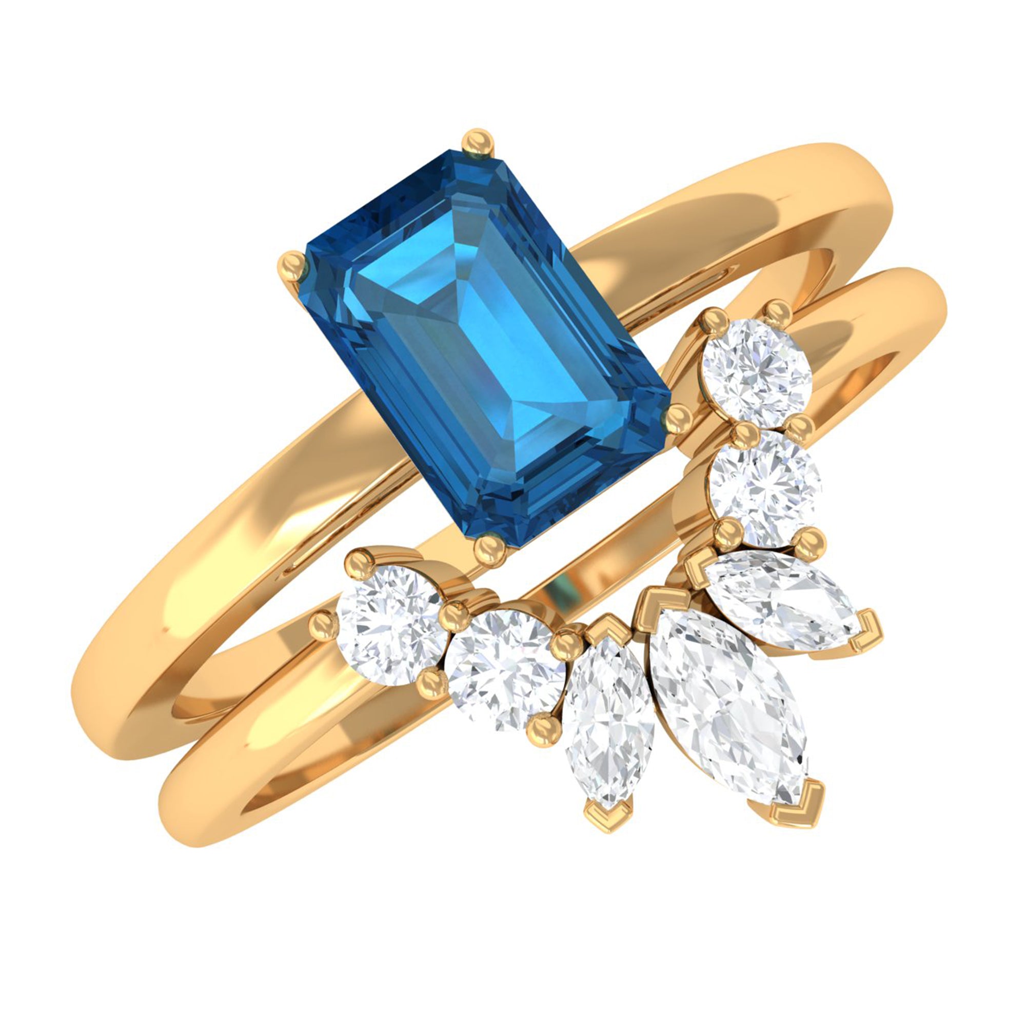 0.7 Carat Emerald Cut London Blue Topaz Solitaire Ring Set with Diamond AAA - Rosec Jewels
