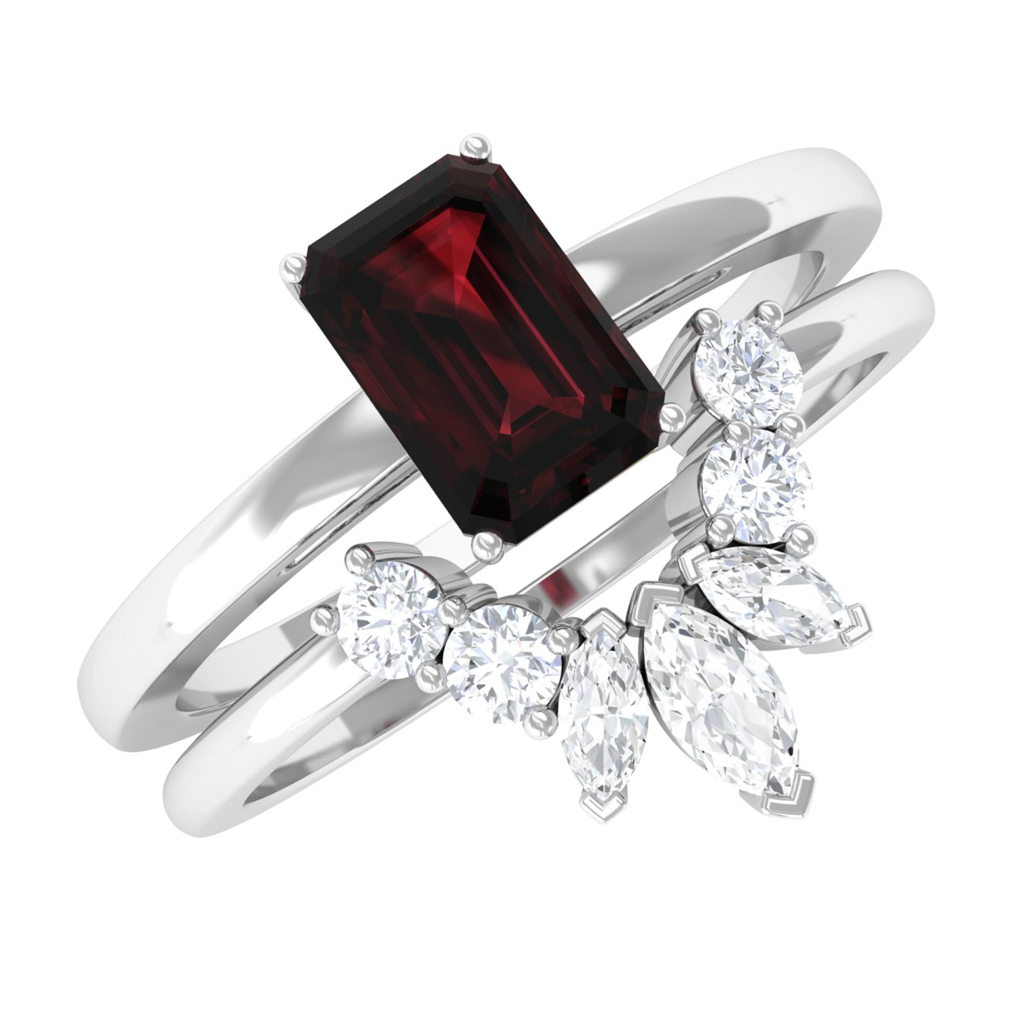 Genuine Garnet Diamond Emerald Cut Engagement Ring with Wedding Band AAA - Rosec Jewels