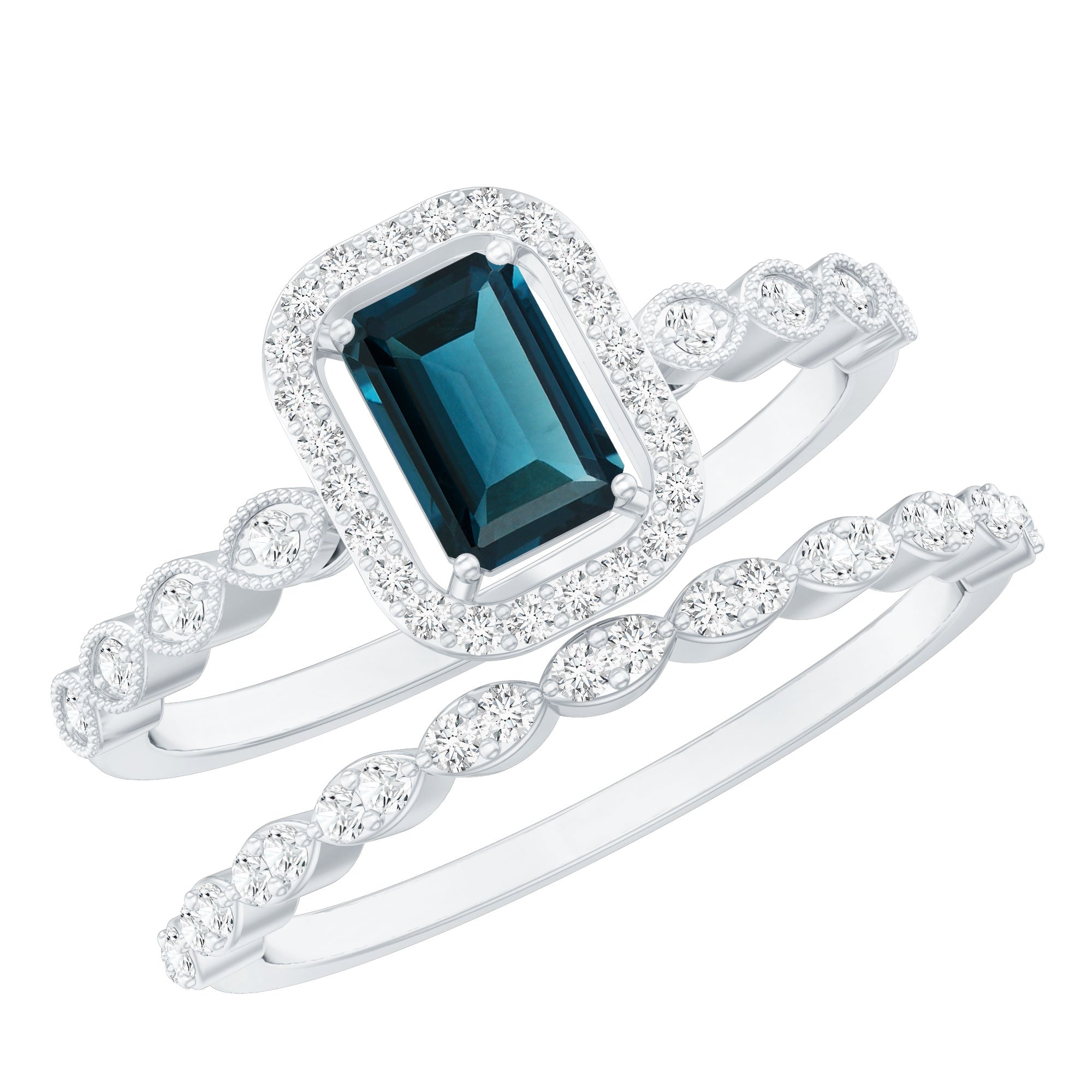 London Blue Topaz and Diamond Vintage Inspired Wedding Ring Set