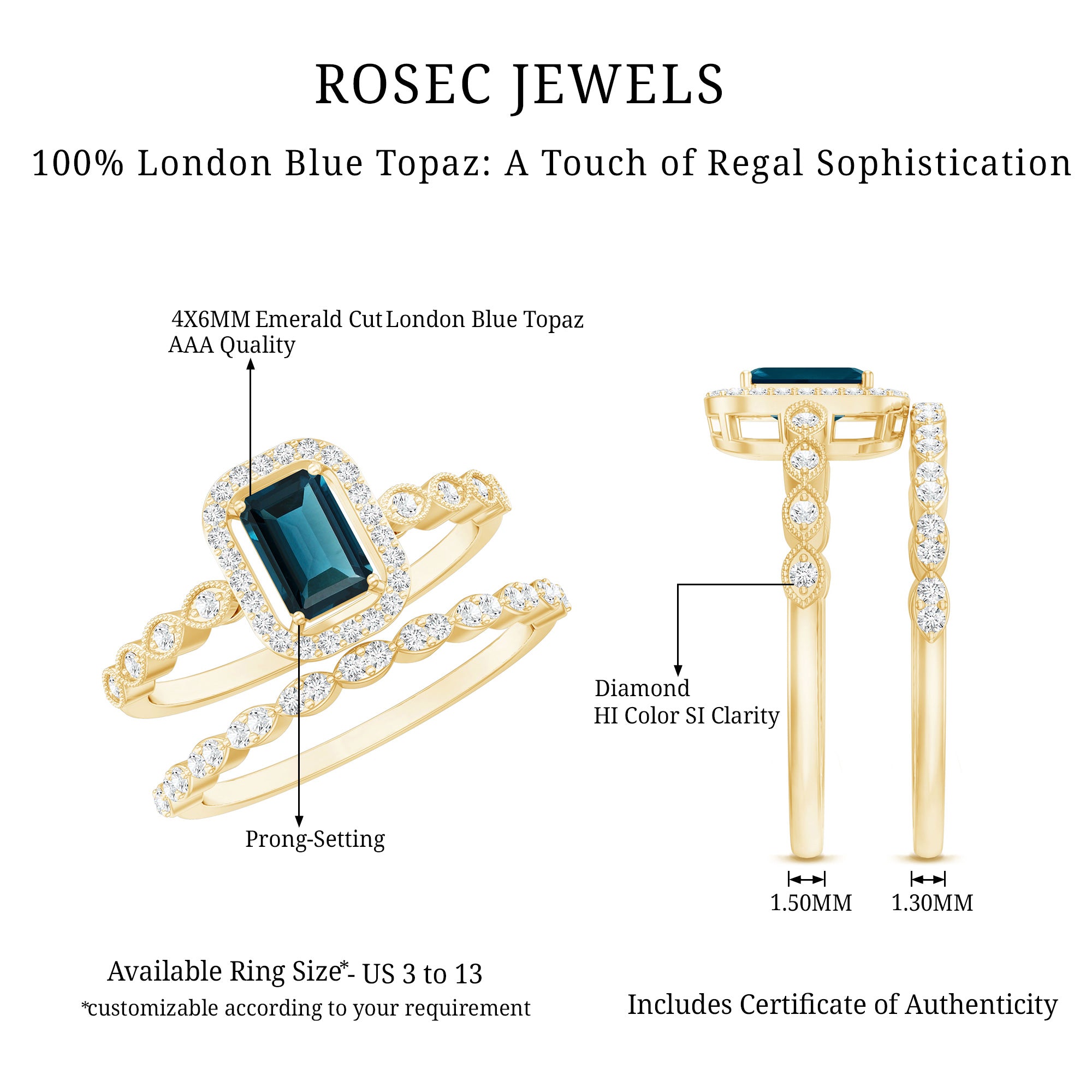 London Blue Topaz and Diamond Vintage Inspired Wedding Ring Set AAA - Rosec Jewels