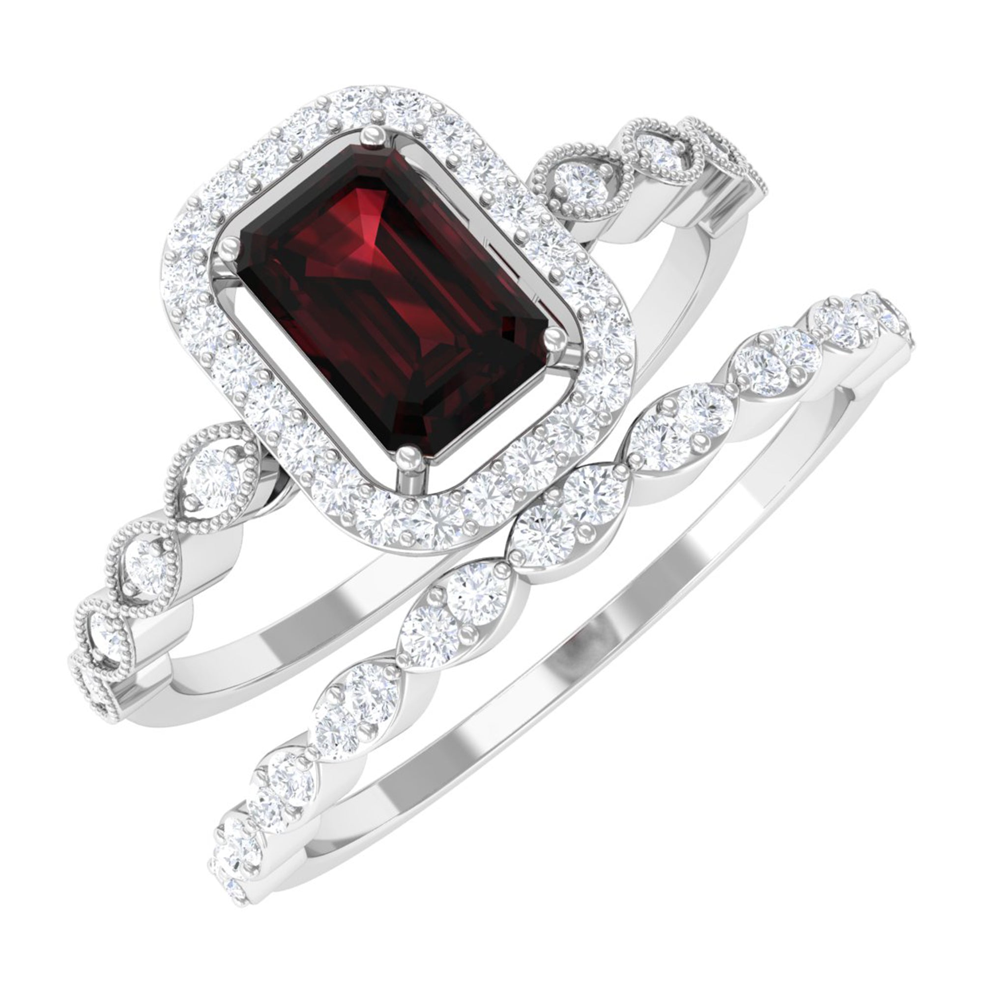 Vintage Looking Garnet Diamond Emerald Cut Wedding Bridal Ring Set