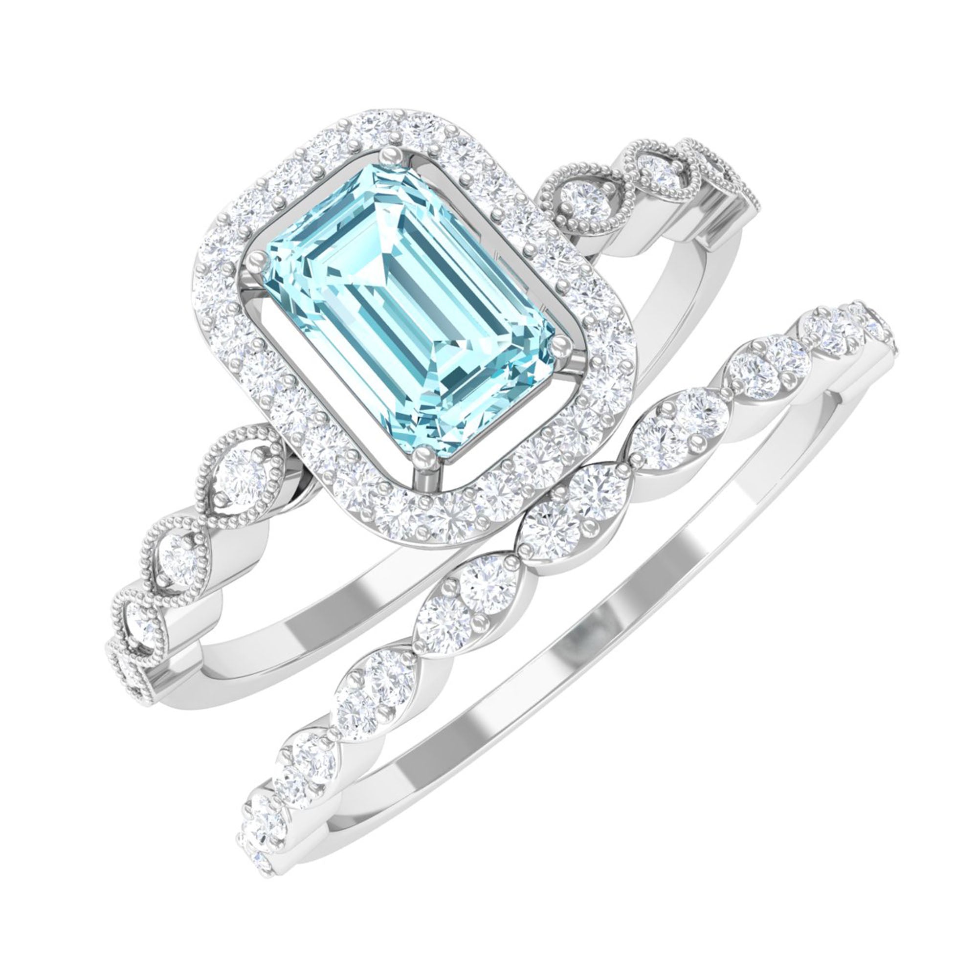 Certified 0.6 Carat Emerald Cut Aquamarine and Diamond Designer Ring Set AAA - Rosec Jewels