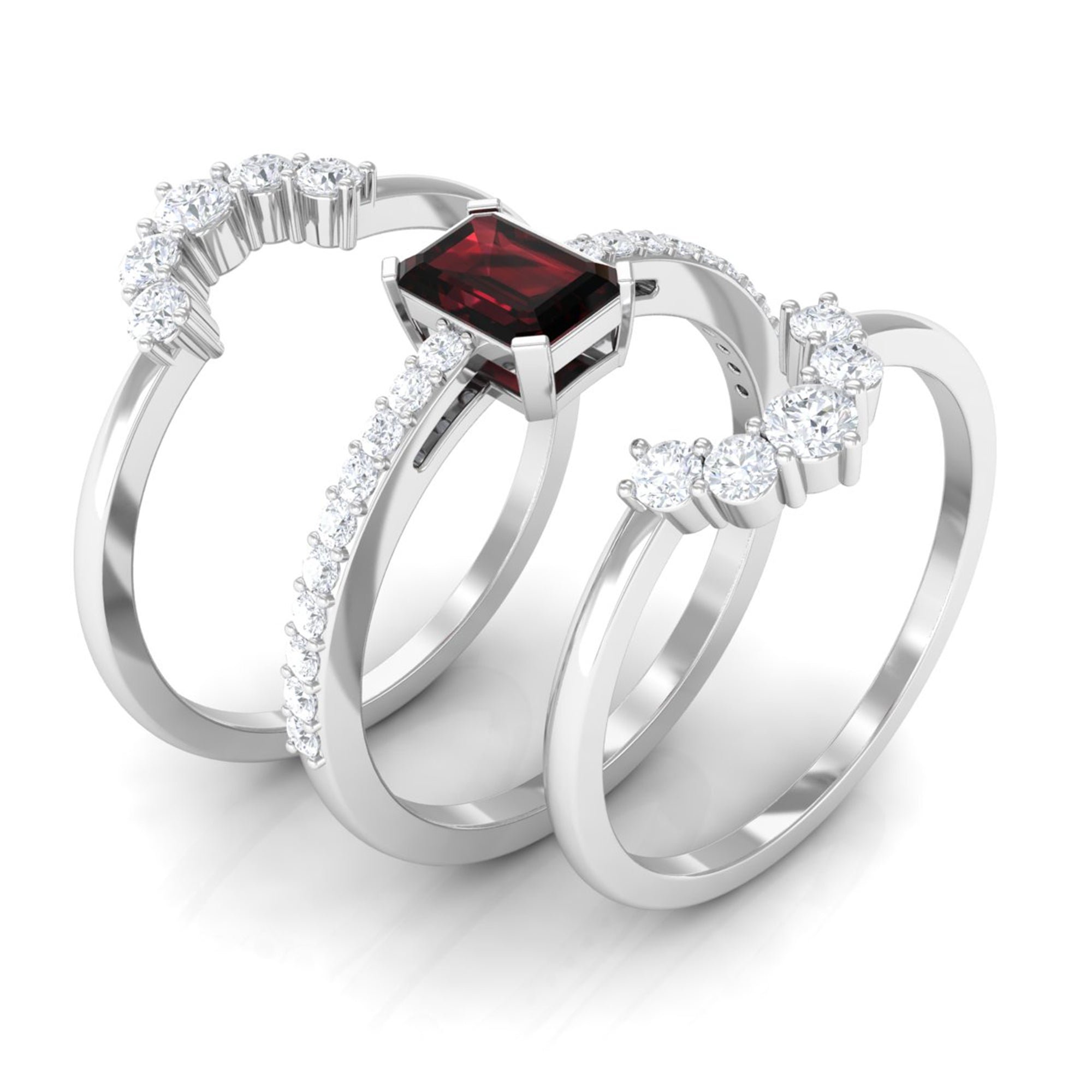 Natural Emerald Cut Garnet Diamond Trio Wedding Ring Set AAA - Rosec Jewels