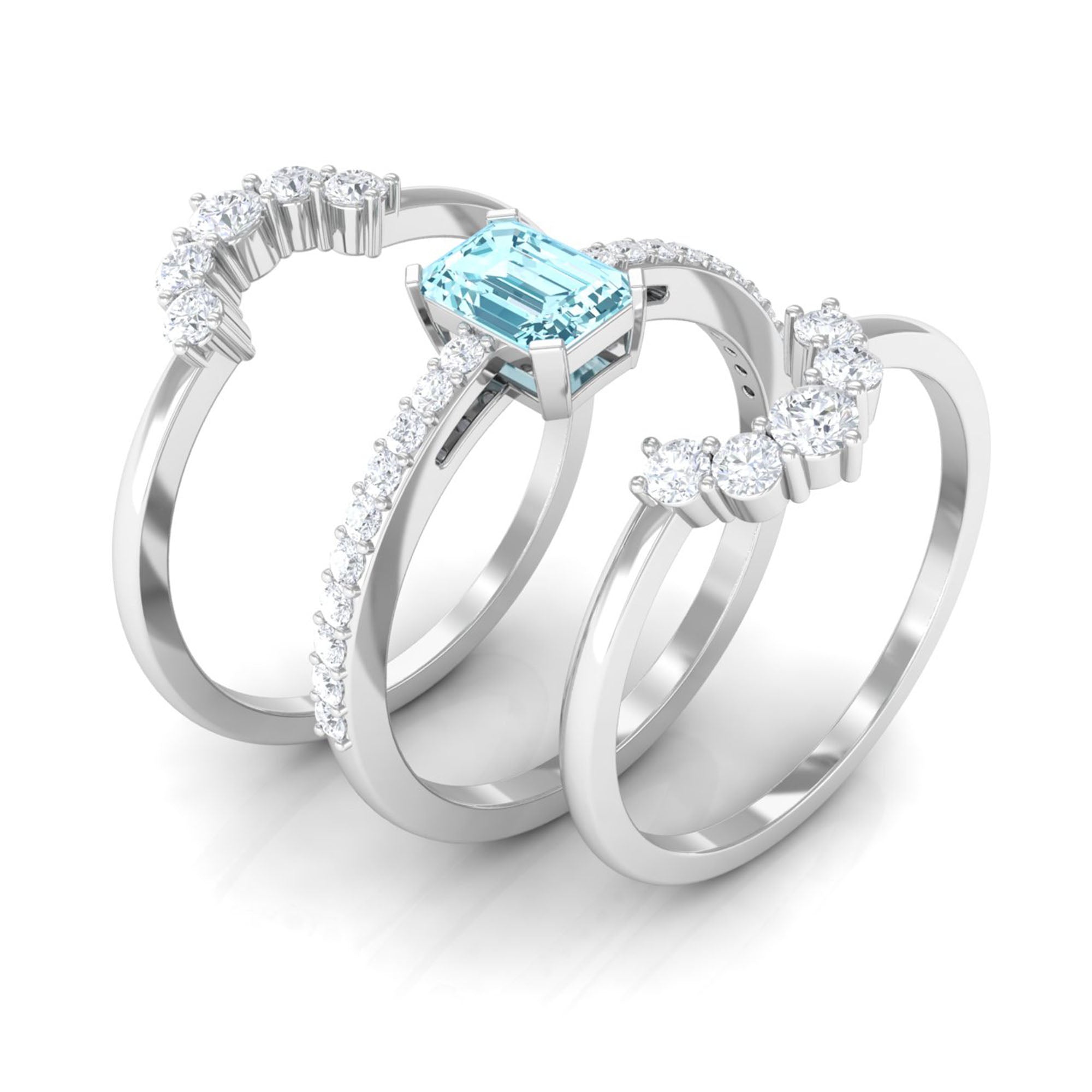 Certified Emerald Cut Real Aquamarine Trio Wedding Ring Set with Diamond AAA - Rosec Jewels