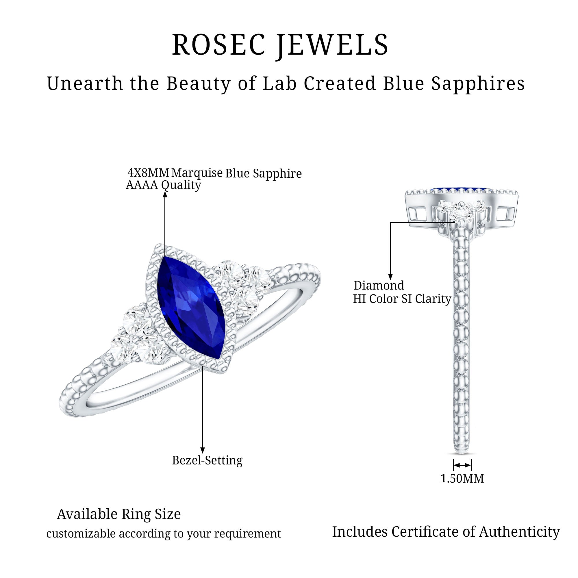 Vintage Style 0.7 Carat Lab Grown Blue Sapphire Marquise Engagement Ring with Diamond Trio AAAA - Rosec Jewels