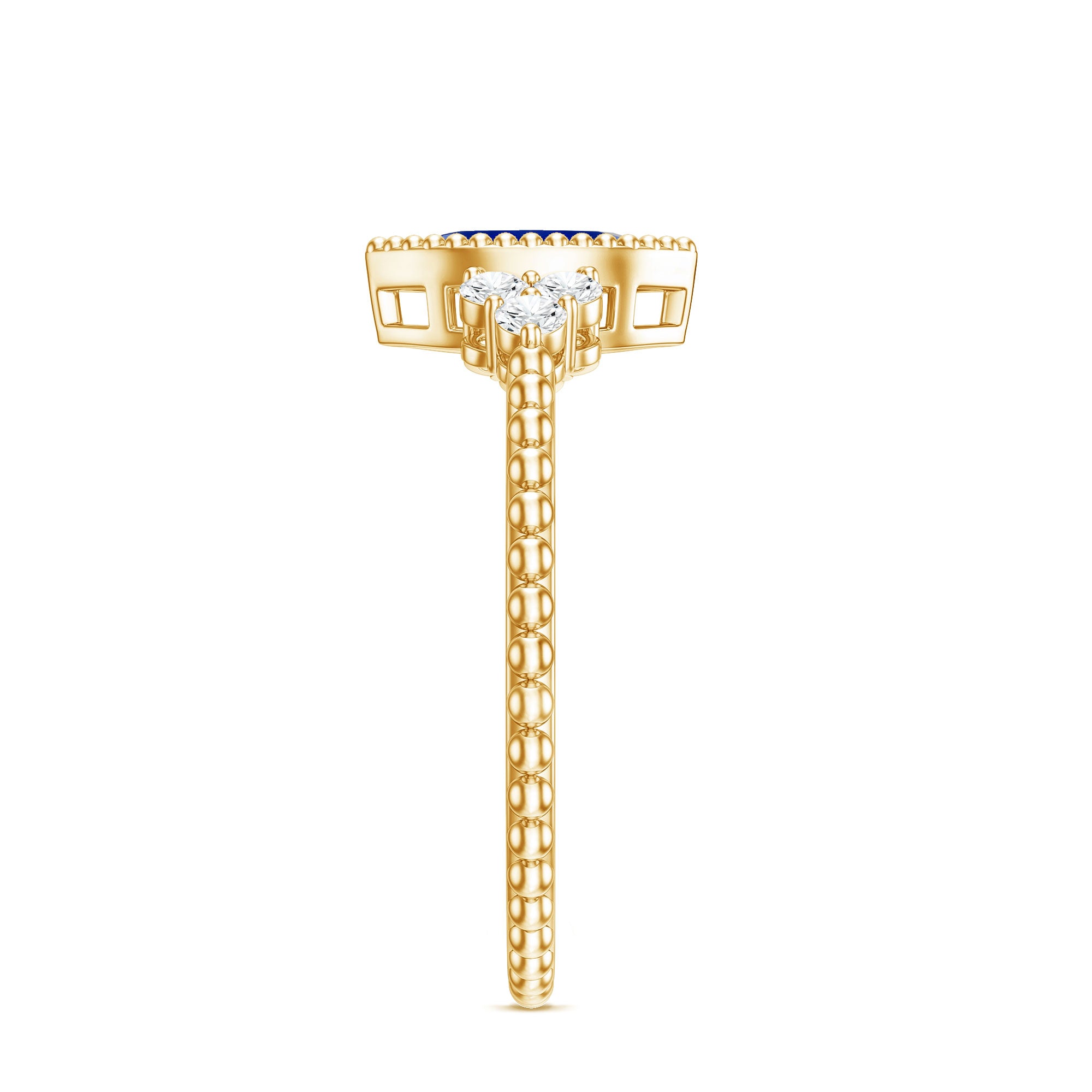 Vintage Style 0.7 Carat Lab Grown Blue Sapphire Marquise Engagement Ring with Diamond Trio AAAA - Rosec Jewels