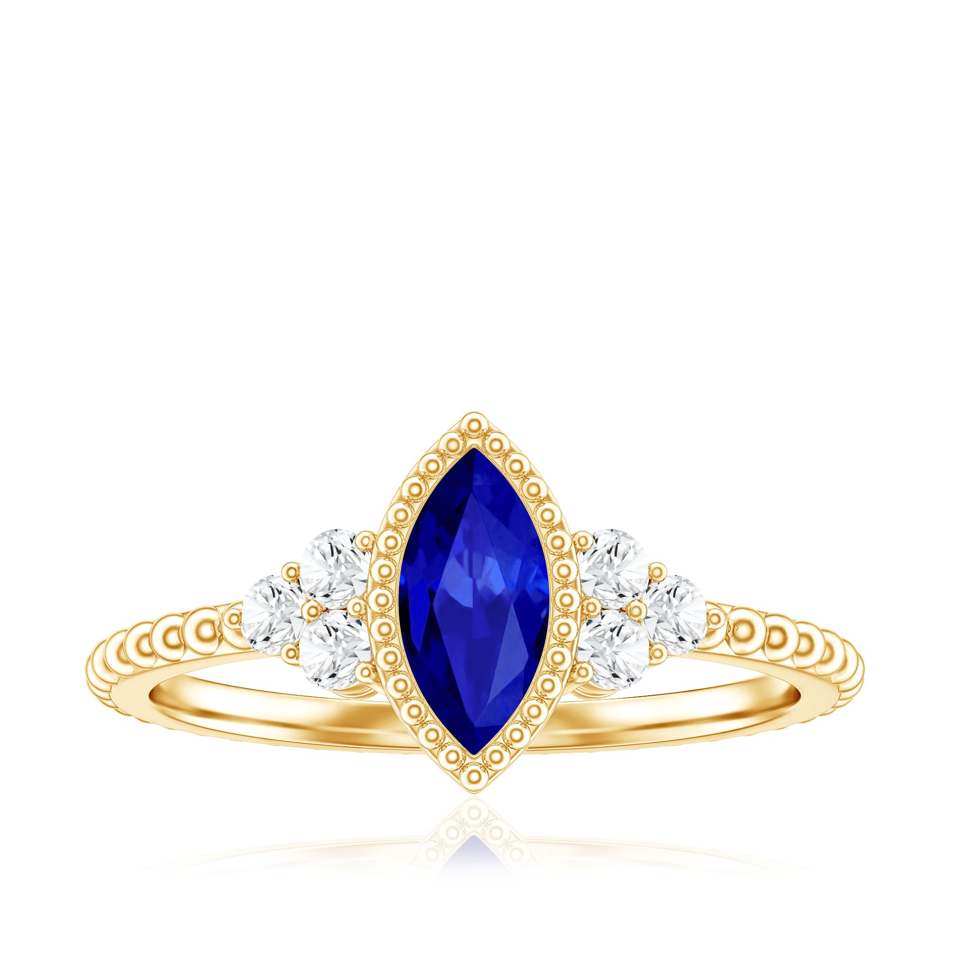 Vintage Style 0.7 Carat Lab Grown Blue Sapphire Marquise Engagement Ring with Diamond Trio AAAA - Rosec Jewels