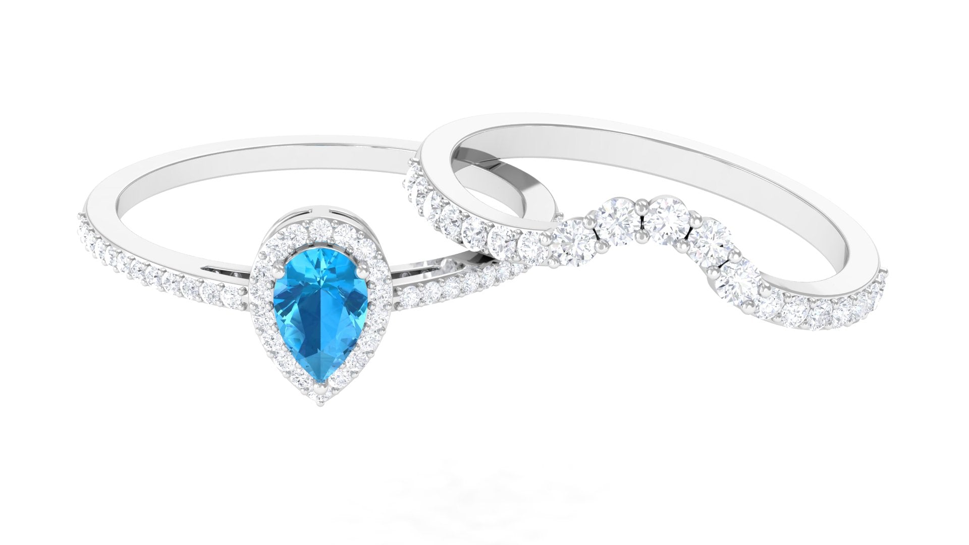 Swiss Blue Topaz Teardrop Designer Ring Set with Moissanite