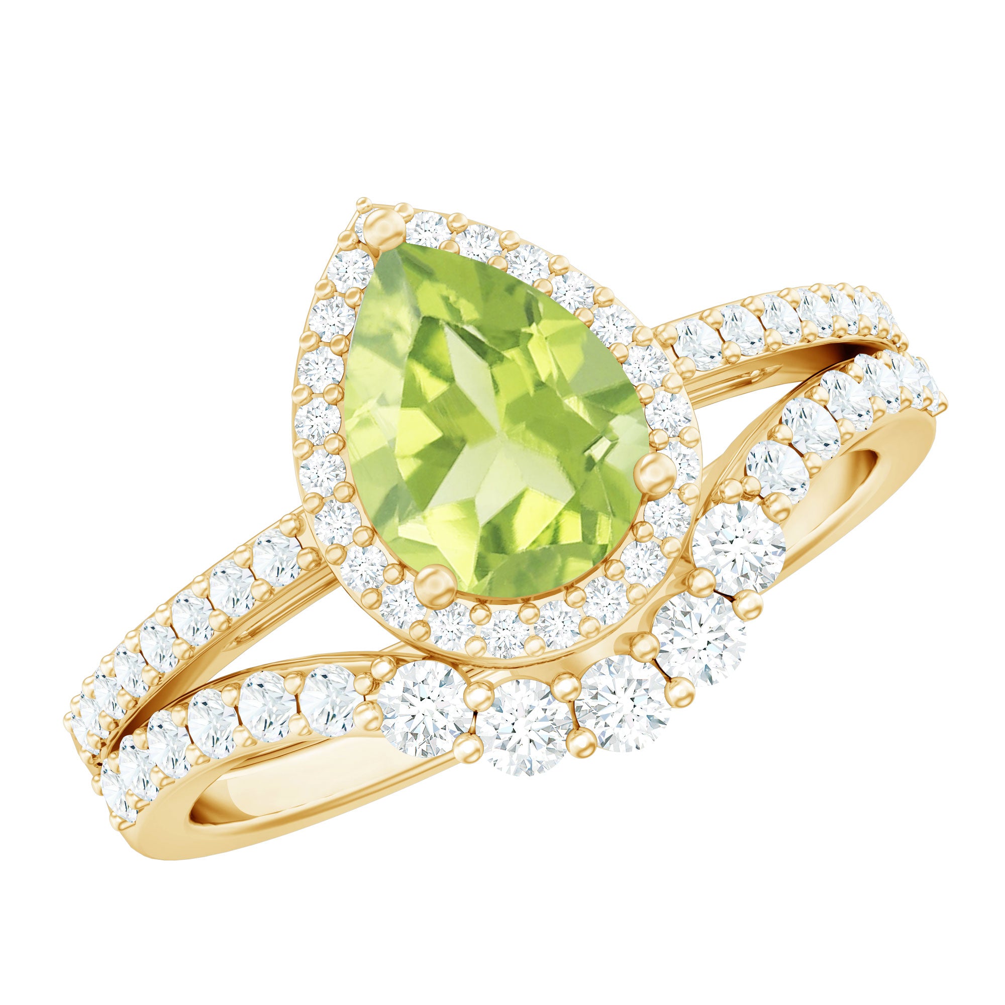 Real 1 Carat Peridot Pear Shaped Engagement Ring with Curved Enhancer AAA - Rosec Jewels