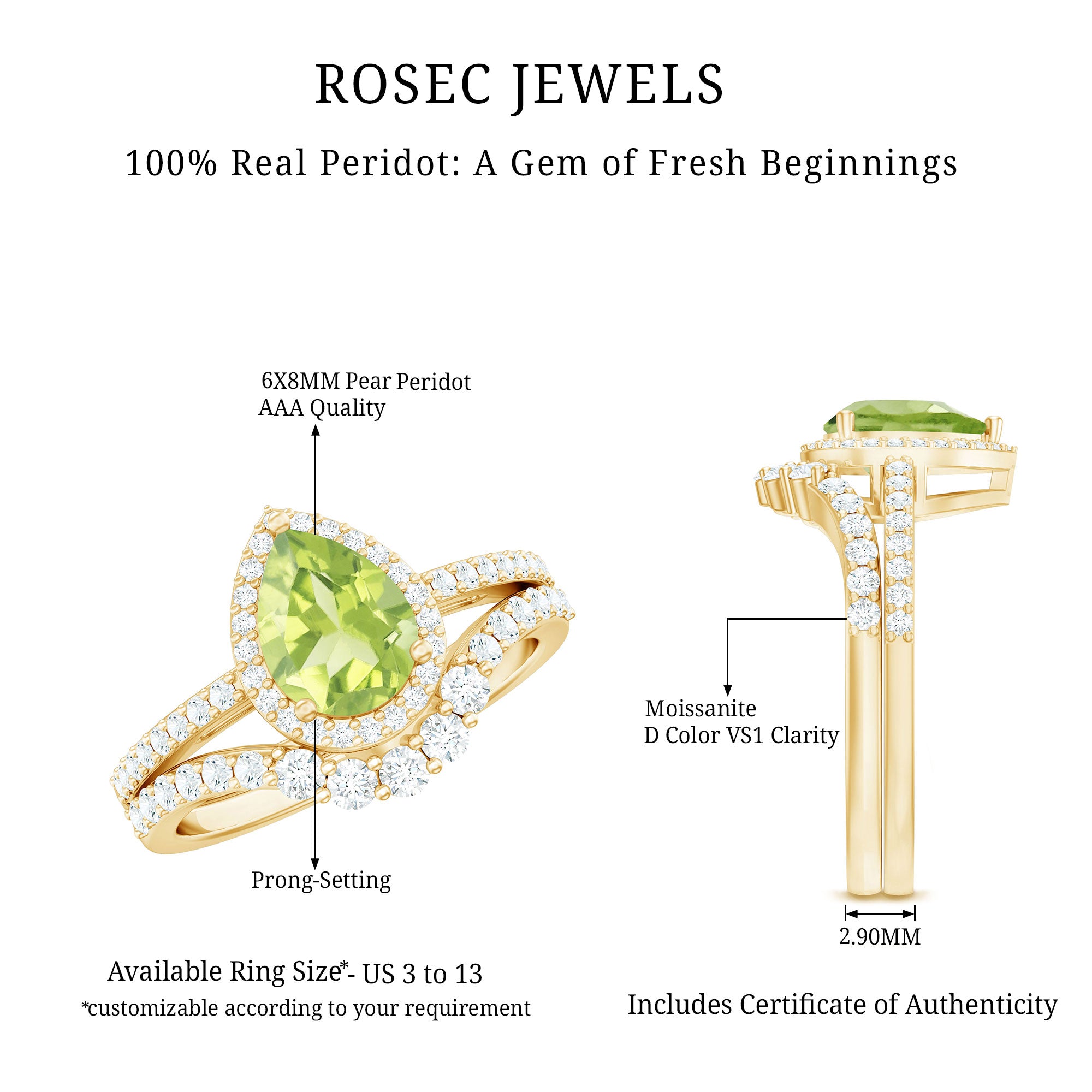 Real 1 Carat Peridot Pear Shaped Engagement Ring with Curved Enhancer AAA - Rosec Jewels