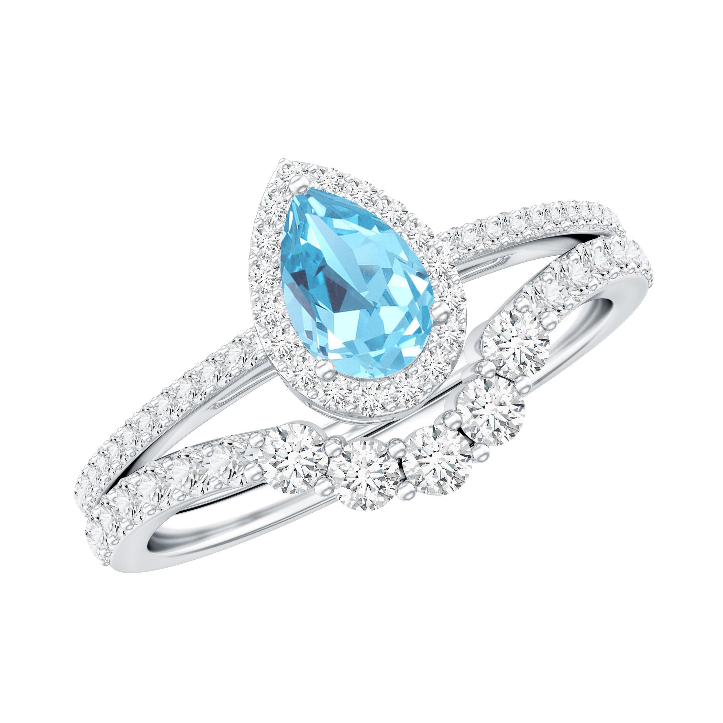 Genuine Aquamarine Teardrop Bridal Ring Set with Diamond Halo AAA - Rosec Jewels