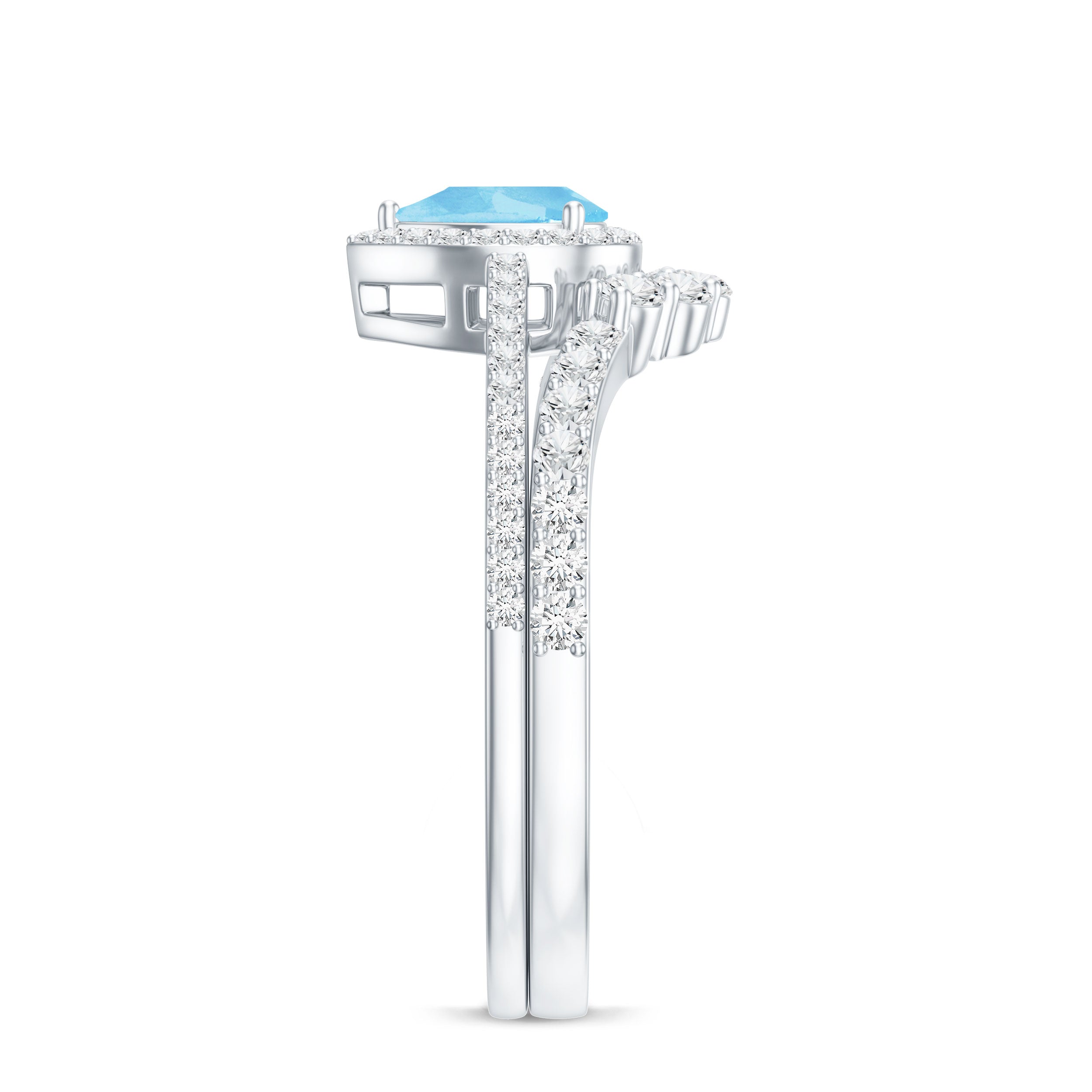 Genuine Aquamarine Teardrop Bridal Ring Set with Diamond Halo AAA - Rosec Jewels