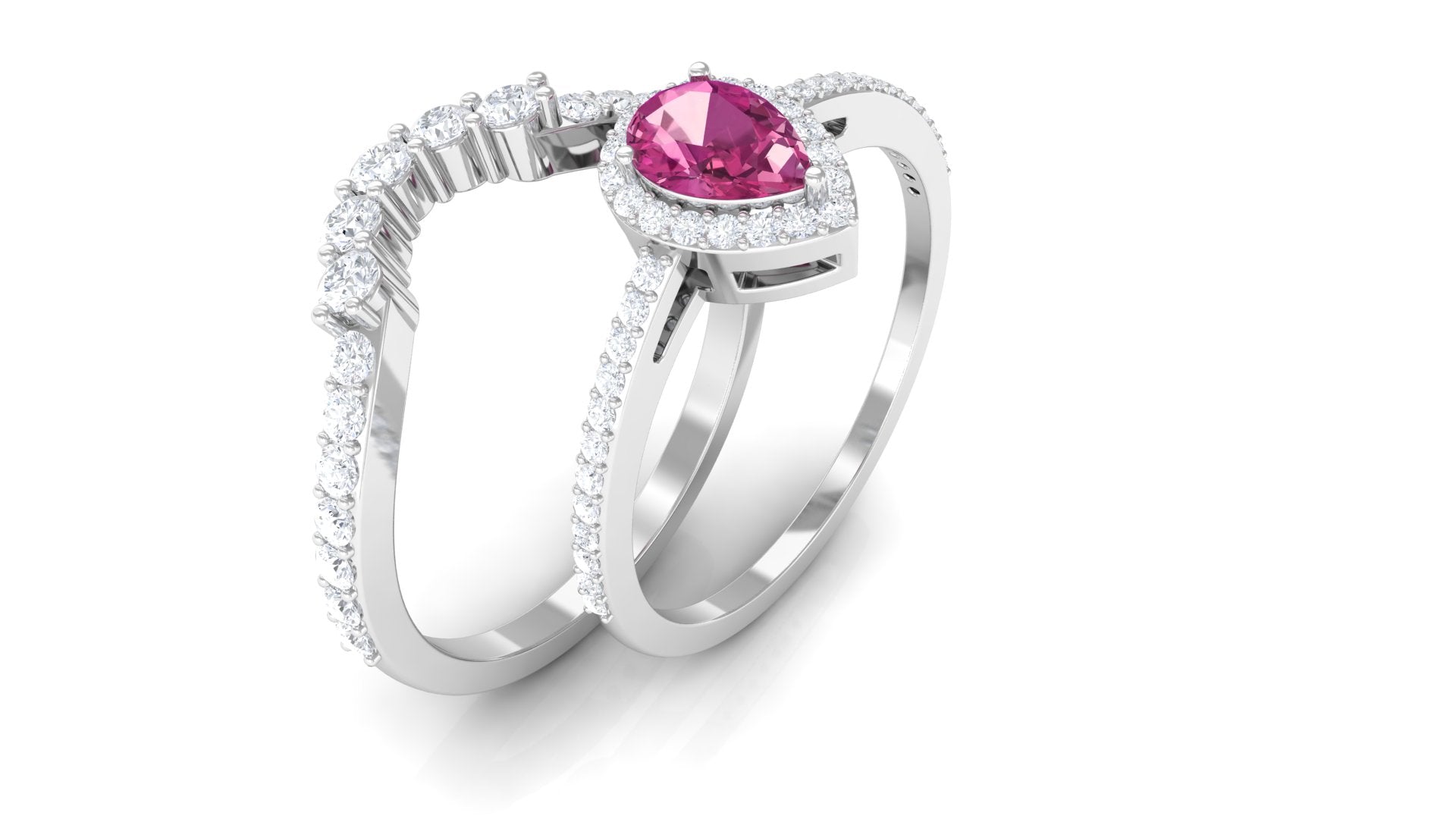 Rosec Jewels-Pink tourmaline Designer Teardrop Ring Set with Moissanite Halo
