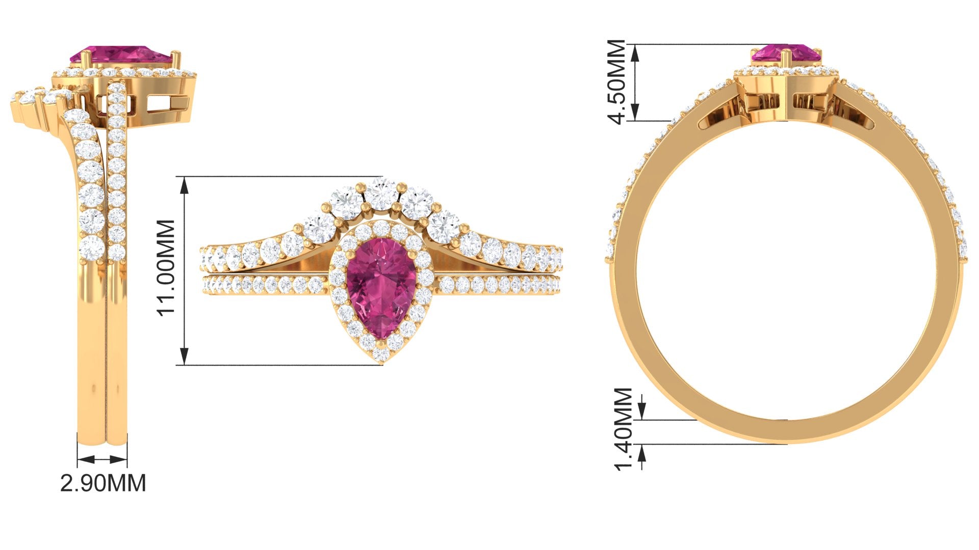Rosec Jewels-Pink tourmaline Designer Teardrop Ring Set with Moissanite Halo