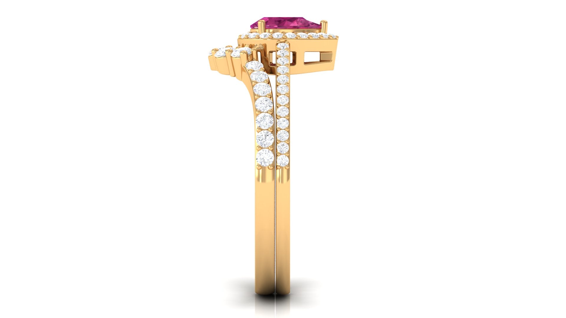 Rosec Jewels-Pink tourmaline Designer Teardrop Ring Set with Moissanite Halo