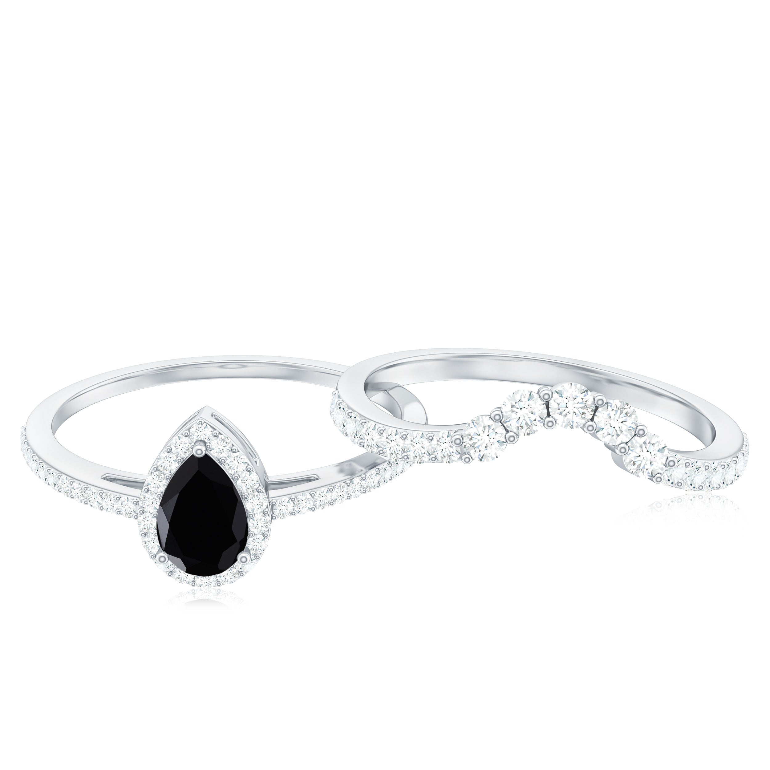 Natural Black Spinel Pear Shaped Engagement Ring with Moissanite Enhancer AAA - Rosec Jewels