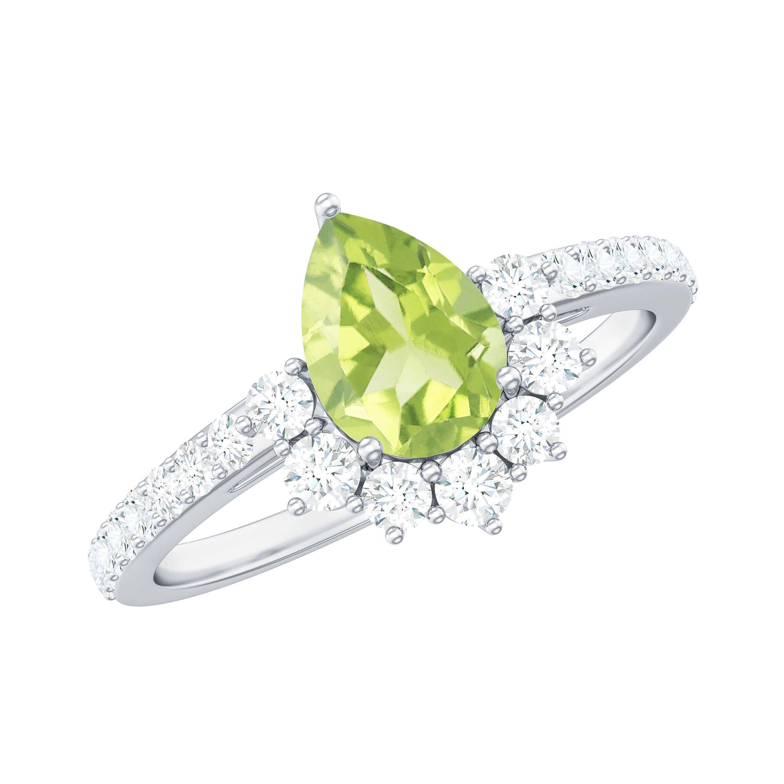 Natural 1 Carat Peridot Teardrop Engagement Ring with Diamond Half Halo AAA - Rosec Jewels