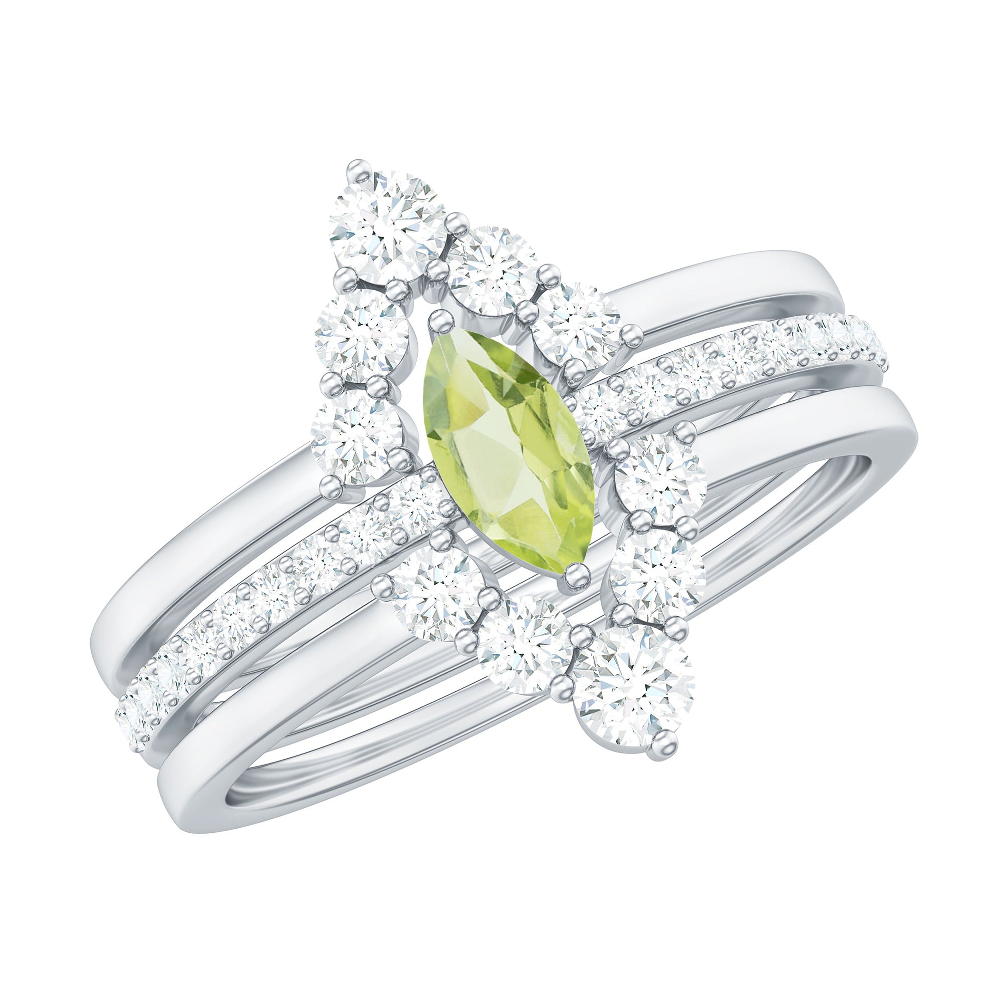 Marquise Cut Peridot Solitaire Trio Ring Set with Moissanite