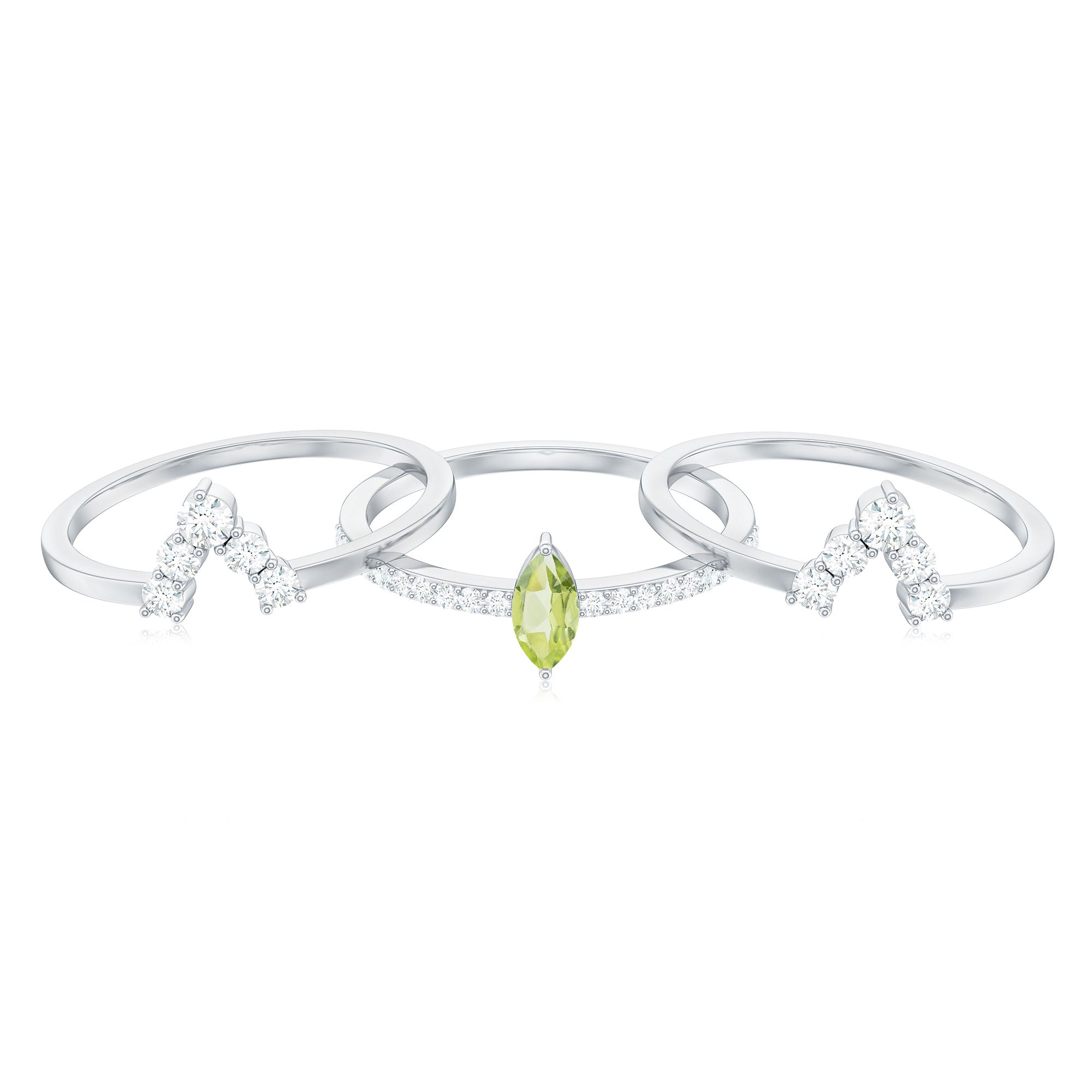 Marquise Cut Peridot Solitaire Trio Ring Set with Moissanite AAA - Rosec Jewels