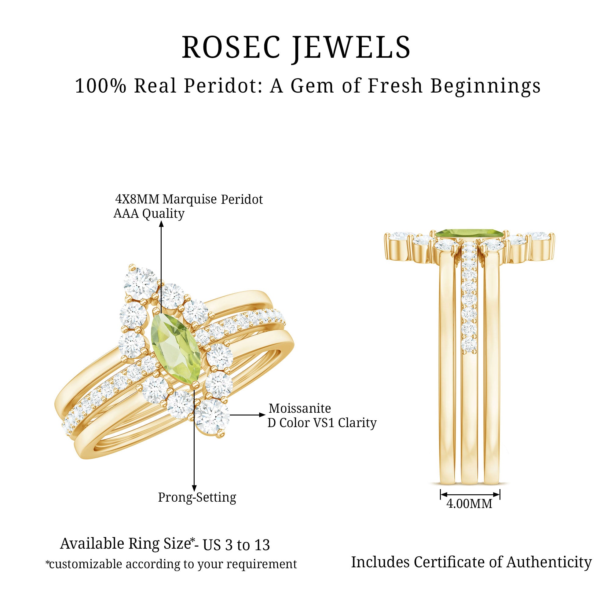 Marquise Cut Peridot Solitaire Trio Ring Set with Moissanite AAA - Rosec Jewels